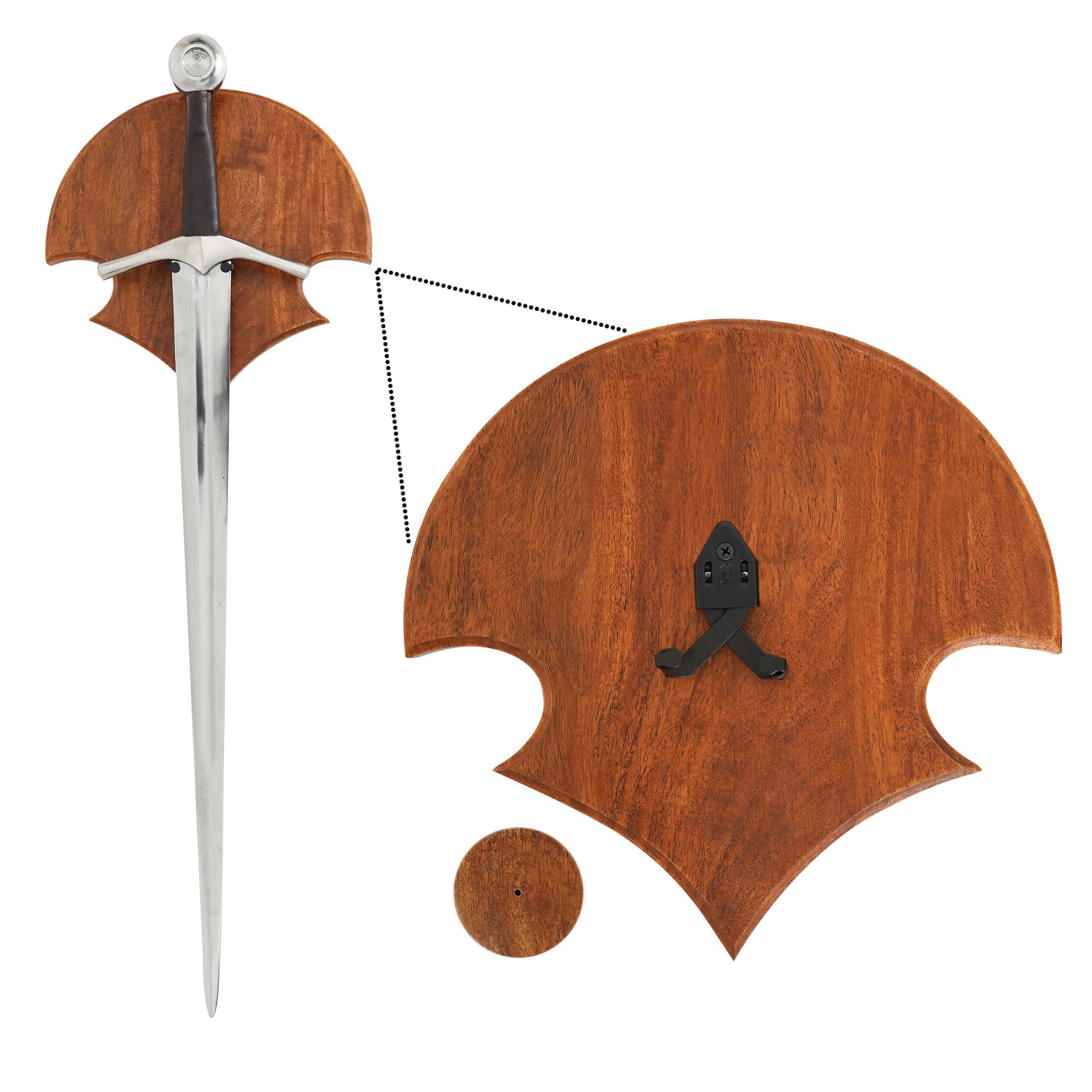 Mythrojan Mythrojan Wooden Sword Wall Mount Medieval Sword Plaque Sword Holder for Display Holder with Hardware Sword Hanger Wall Vertical Mount Single Rack Display Holder Home Dcor, Natural - 11.75\" x 11.75\"