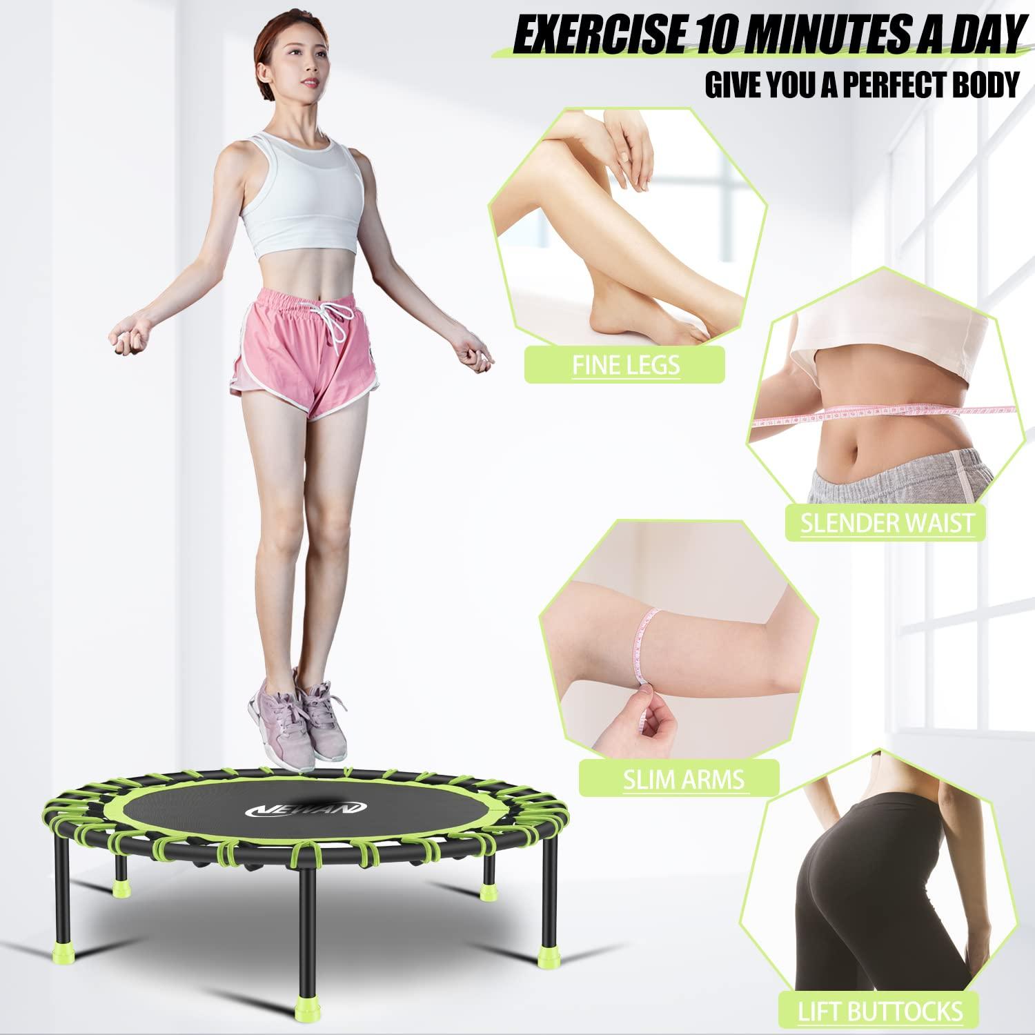 NEWAN Newan 40'' Silent Fitness Mini Trampoline - Indoor Rebounder for Adults - Best Urban Cardio Jump Fitness Workout Trainer, Covered Bungee Rope System - Max Limit 330 lbs