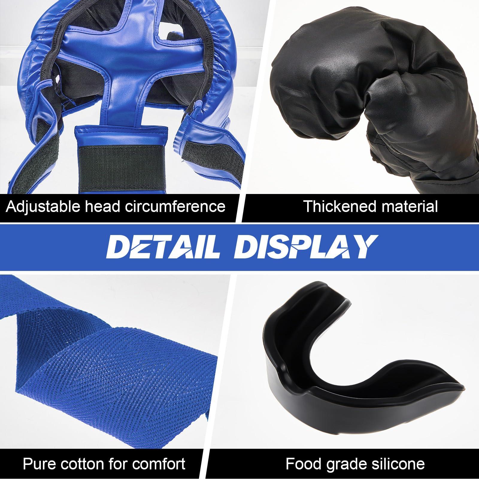 Kanayu Kanayu 14 Pcs Boxing Set Including 2 Pair of 16 oz Boxing Gloves Headgear Helmet Hand Wraps Mouth Guards Gifts for Adults Youth Beginners Training Equipment(Black, Blue)
