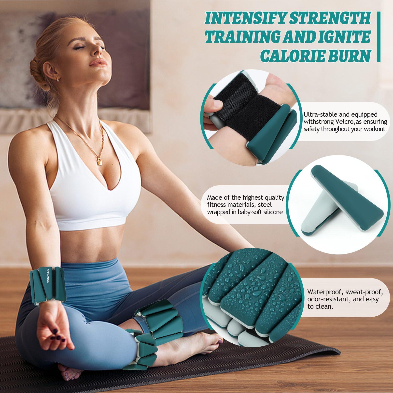 BECOJADDE BECOJADDE Wrist Ankle Weights Adjustable Training Intensity for Strength Training Walking Running Yoga Pilates Jogging for Women Men Set of 2 (2 lb Each), Pewter Deep Emerald