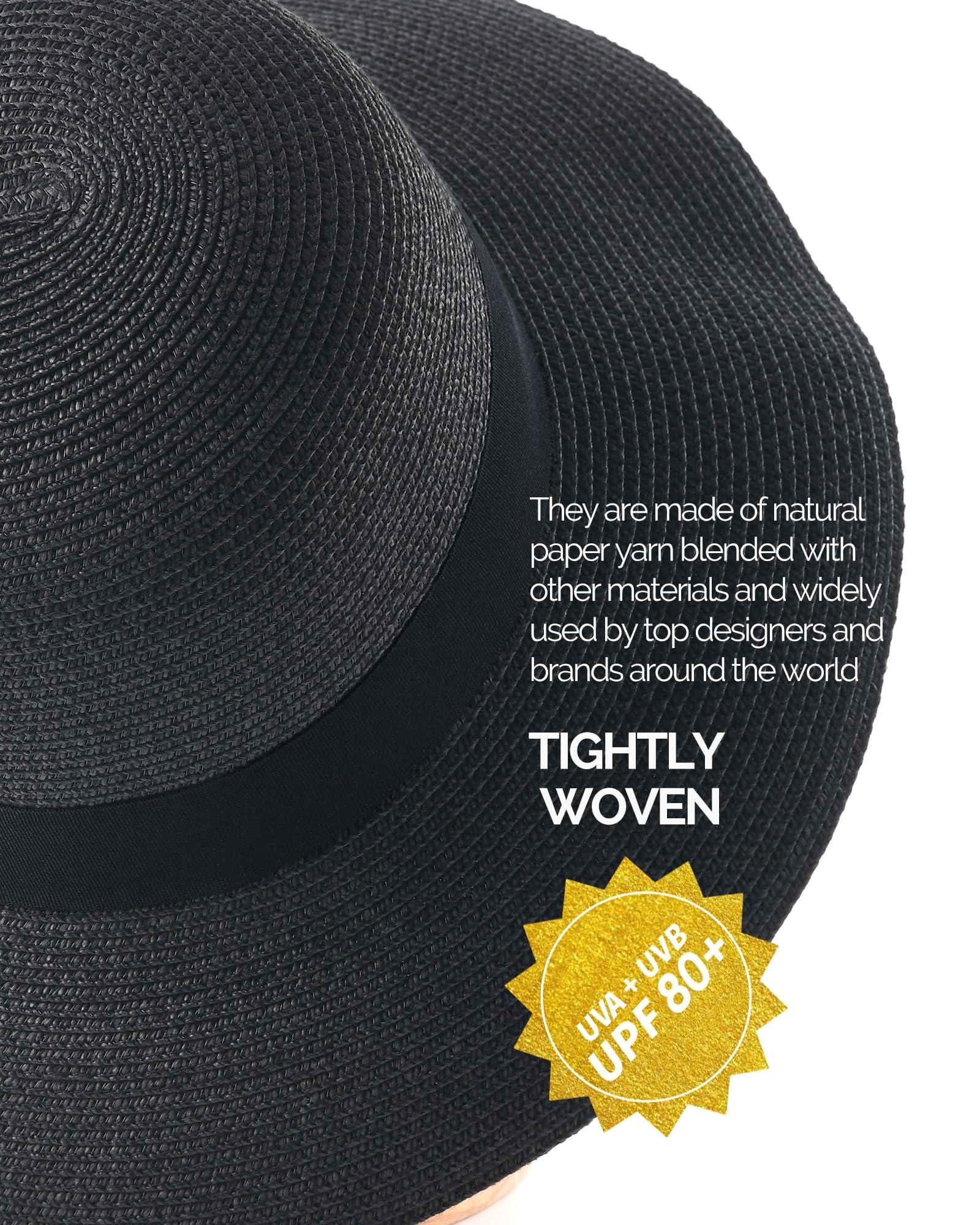 FURTALK FURTALK Womens Beach Sun Straw Hat UV UPF 80+ Travel Foldable Brim Summer UV Hat Black