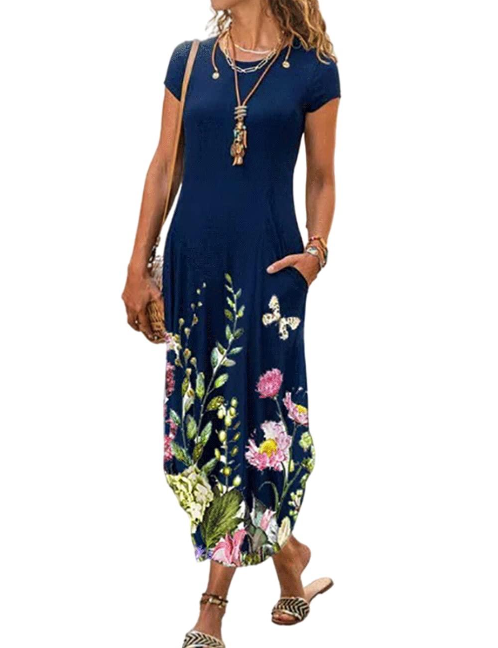AHAIJ AHAIJ Women Summer Casual Maxi Dress Floral Printed Loose Pockets Short Sleeve Split Boho Dresses (Navy Blue,XX-Large)