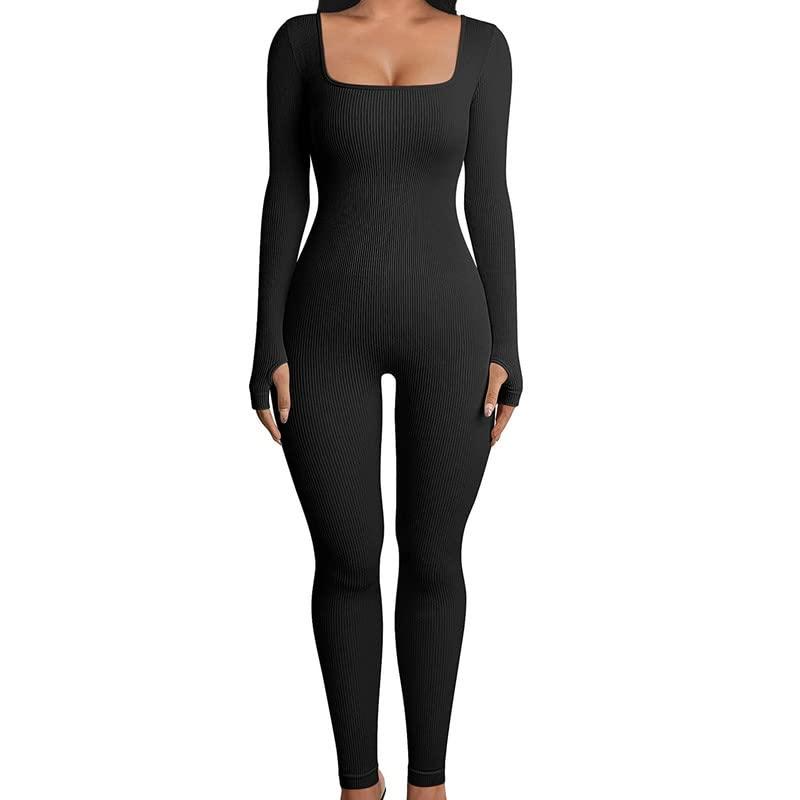 NineFit Basics Women Yoga Jumpsuits Workout Ribbed Long Sleeve One Piece Rompers Bodycon Slim Fit Sport Exercise Jumpsuits