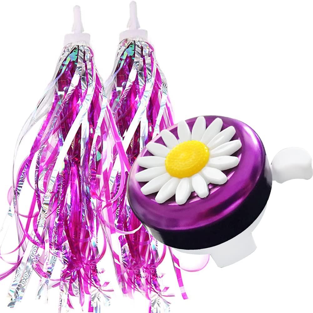 IEALODS Kids Bike Bell and Streamers for Girls - 1 Pack Flower Bicycle Bell with 2 Pack Bike Streamers for Children's Bike Accessories