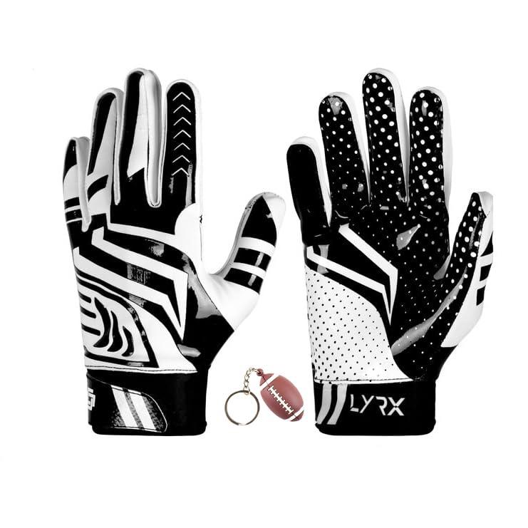 LYRX LYRX Professional Football Receiver Gloves with Optimal Silicone Palm Non-Slip Grip Control Ultra-Stick Sports Lightweight Glove and Precision Fit (Black Shine, Adult M (7.2"))