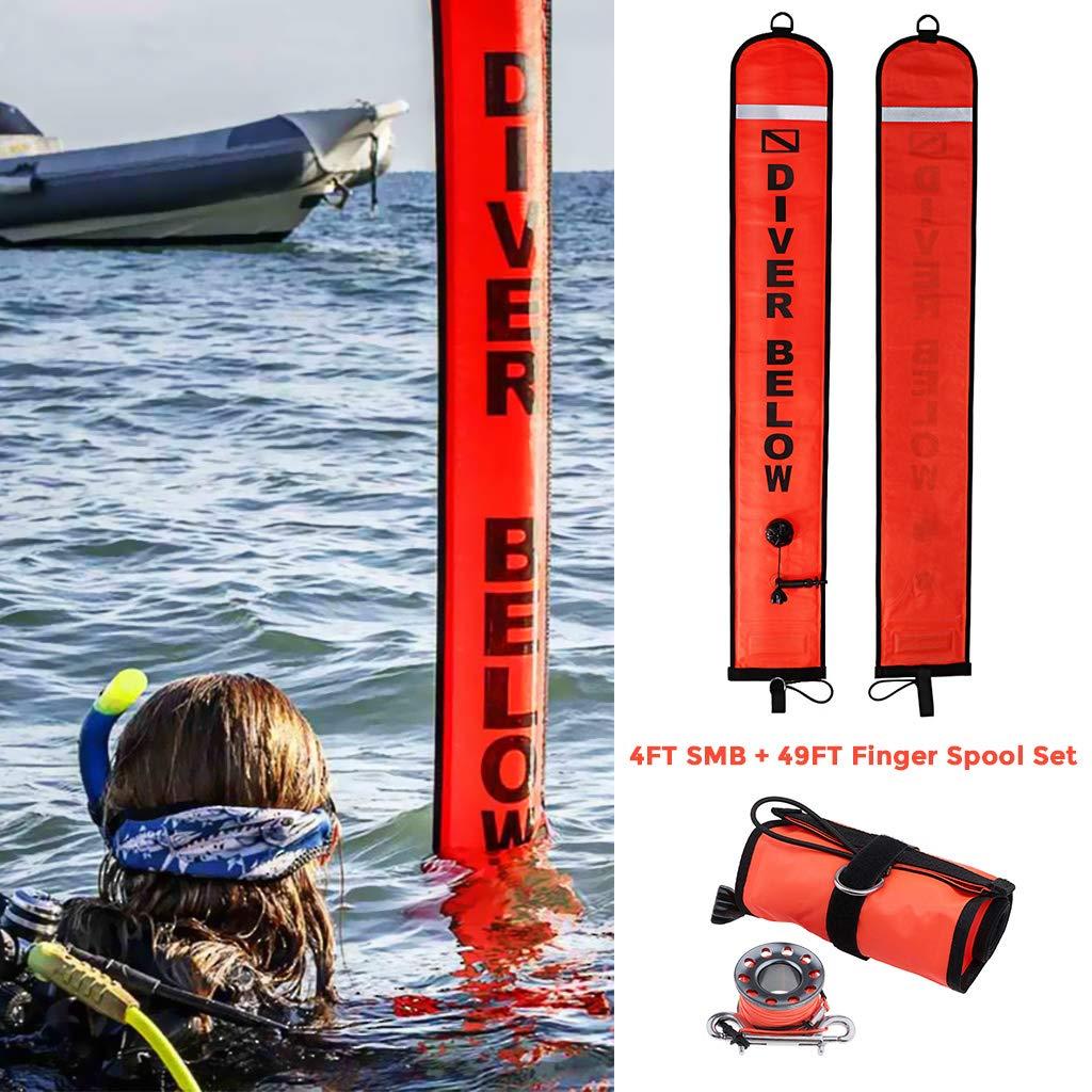 Seafard 4ft Red Scuba Diving SMB, Open Bottom Surface Marker Buoy with Safety Sausage with 49ft Alloy Dive Reel and Double-Ended Bolt Clip for Underwater Sports-Gray