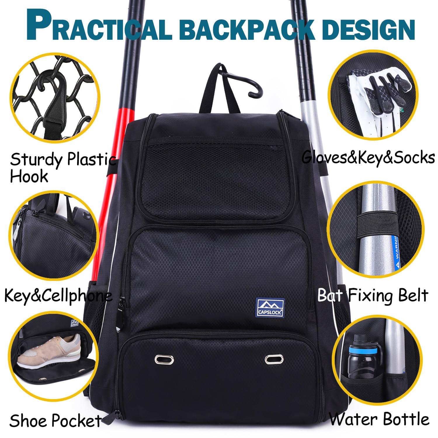 CapsLock Baseball Bat Bag Backpack,T-Ball & Softball Bat Bag with Shoes Compartment for Youth and Adult, Lightweight Baseball Bag with Fence Hook Hold Bat, Batting Mitten, Helmet, Caps, Teeball Gear
