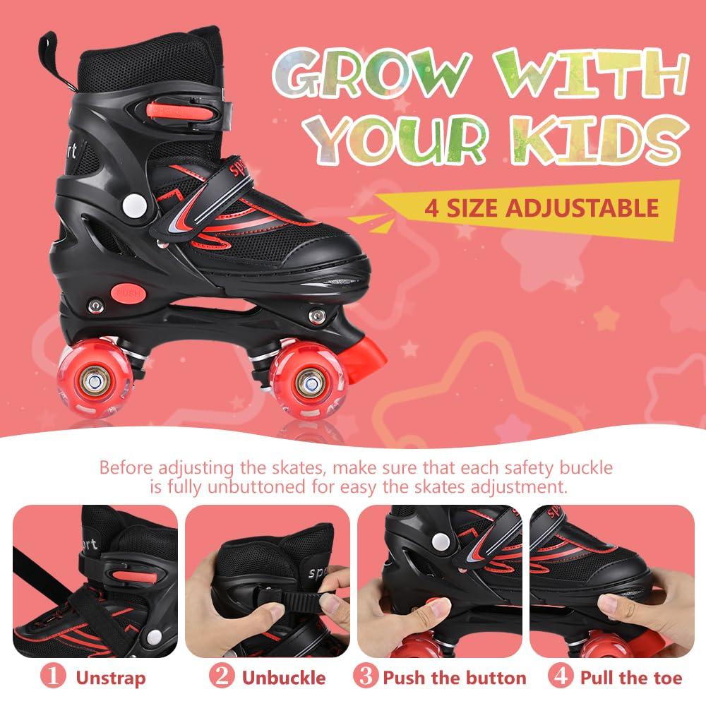 G MGY OLED G MGY OLED Roller Skates for Boys, 4 Size Adjustable Roller Skates with All Wheels Light up, Fun Illuminating Rollers Skates Suitable for Growing ChildrenBlack Red (Big Kids 1-4)