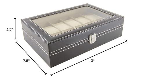 Science Purchase SciencePurchase Watch Box Large 12 Mens Black Leather Display Glass Top Jewelry Case Organizer