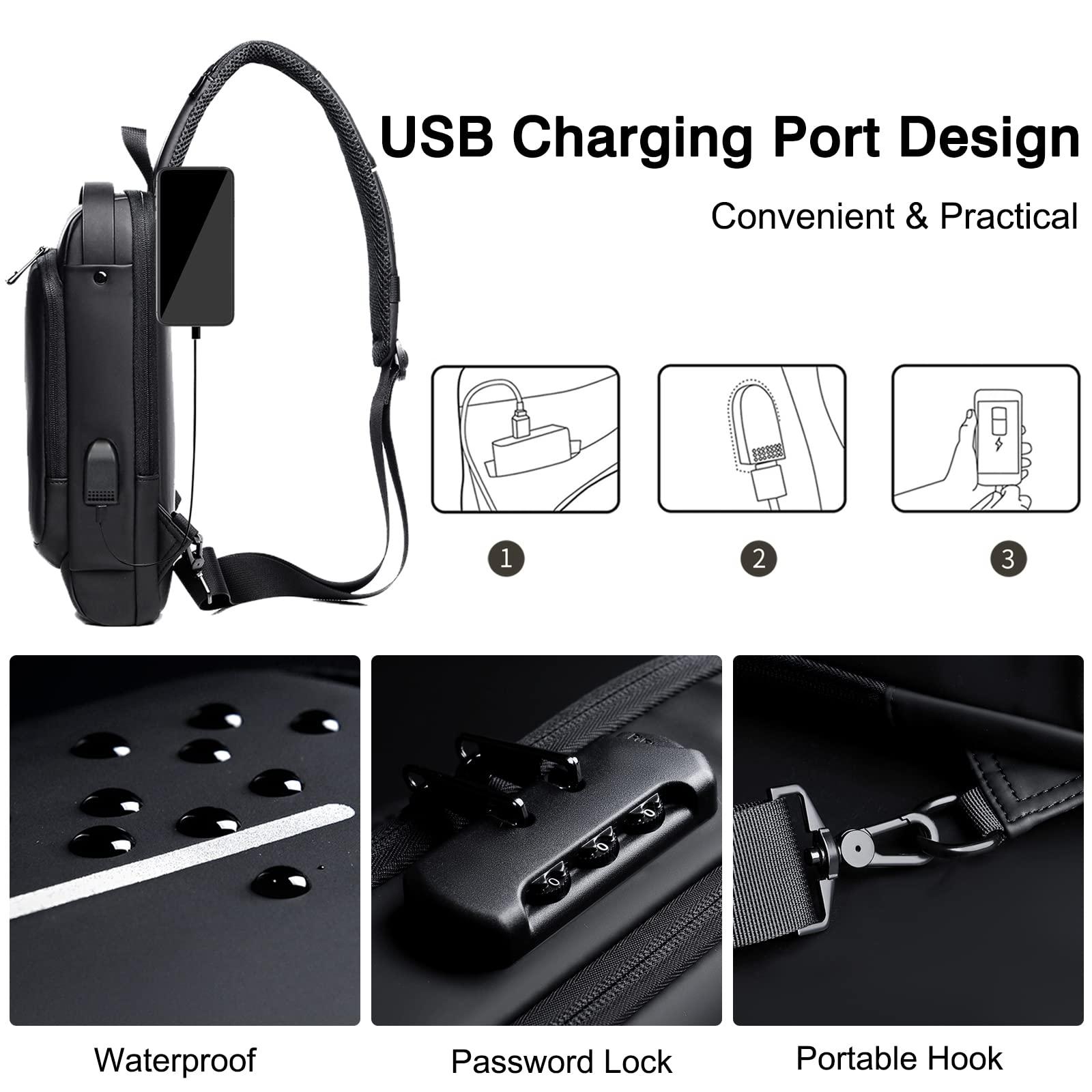 FANDARE FANDARE Anti-theft Sling Bag Business Men Bag Chest Crossbody bags with USB Charging Port Waterproof Small Backpack for Outdoor Work Hiking Running Sport Travel Bag Gray Brown