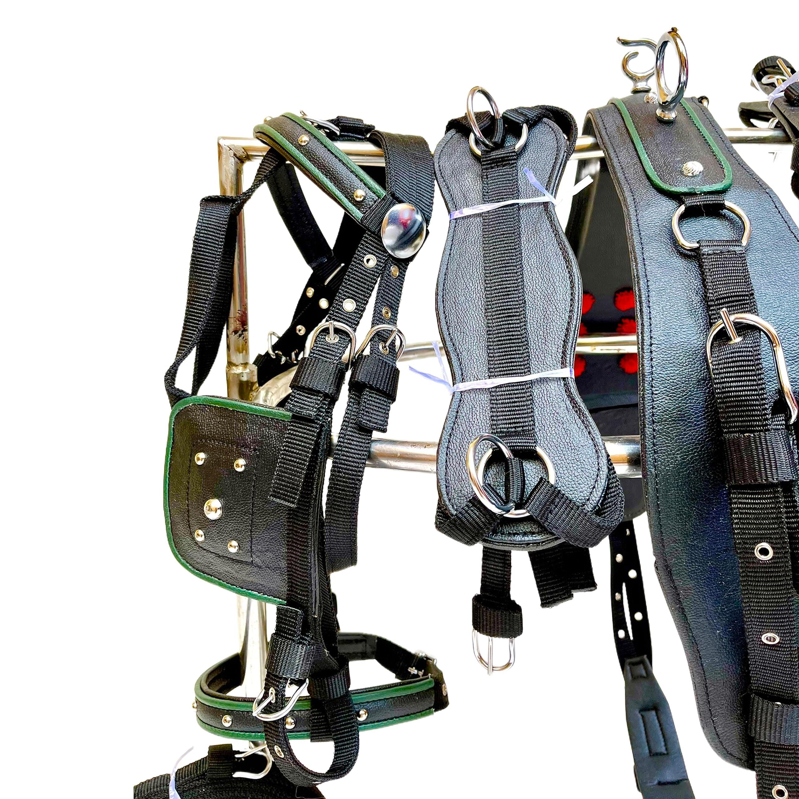 AHS us Nylon Horse Driving Harness for Single Horse Cart in Black Color | 3 Contrasting Piping Color Options Available | (Pony, Green Piping)