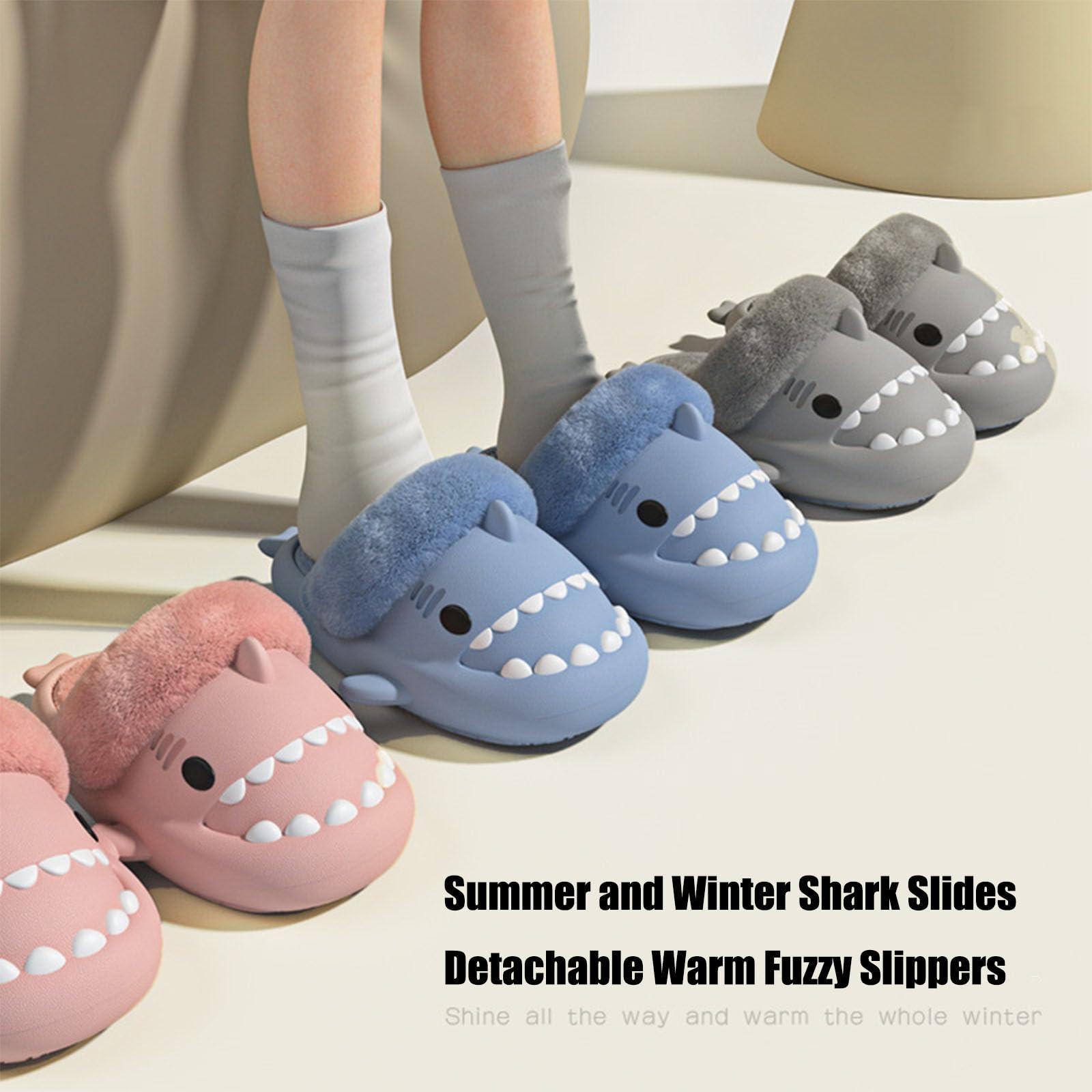 Jfxgjuv Jfxgjuv Sharklas Polares, Sharklas Originales, Sharky Chanclas De Invierno, Summer and Winter Shark Slides Detachable Warm Fuzzy Slippers (Yellow,10.5-11.5 Women/10-11 Men)