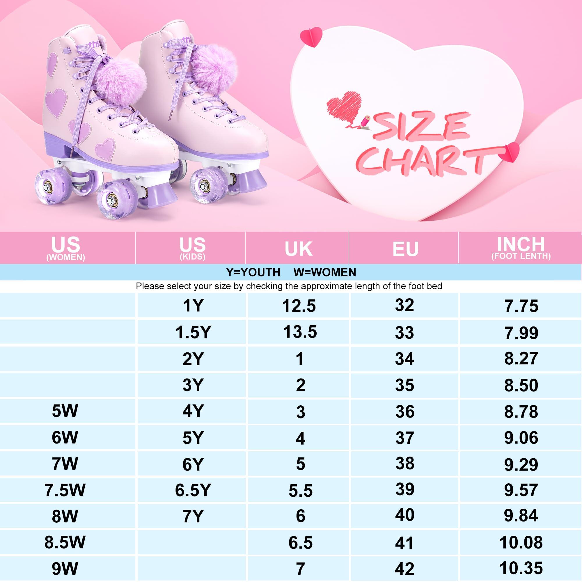 Ruthfot Ruthfot Women's and Girl's Classic Roller Skates with Light up Wheels and Love Heart Pattern, High-top PU Leather Rollerskates