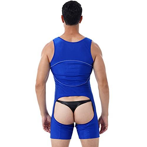 Linjinx Linjinx Men\'s Spandex Slim Fit Open Crotchless Wrestling Singlets Leotard Underwear Jumpsuits Blue XX-Large