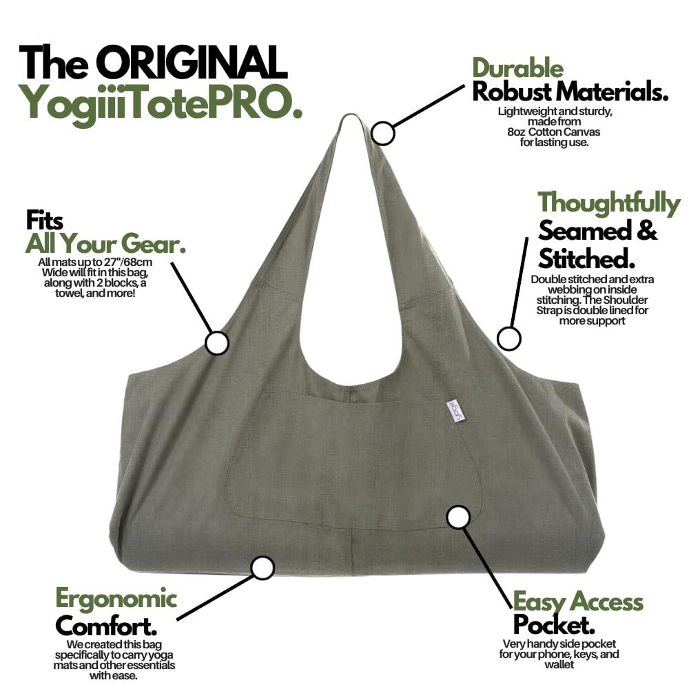 Yogiii Yogiii Yoga Mat Bag | The ORIGINAL YogiiiTotePRO | Large Yoga Mat Bag or Yoga Mat Carrier with Side Pocket | Yoga Bag Fits Most Size Mats (Olivine Green)
