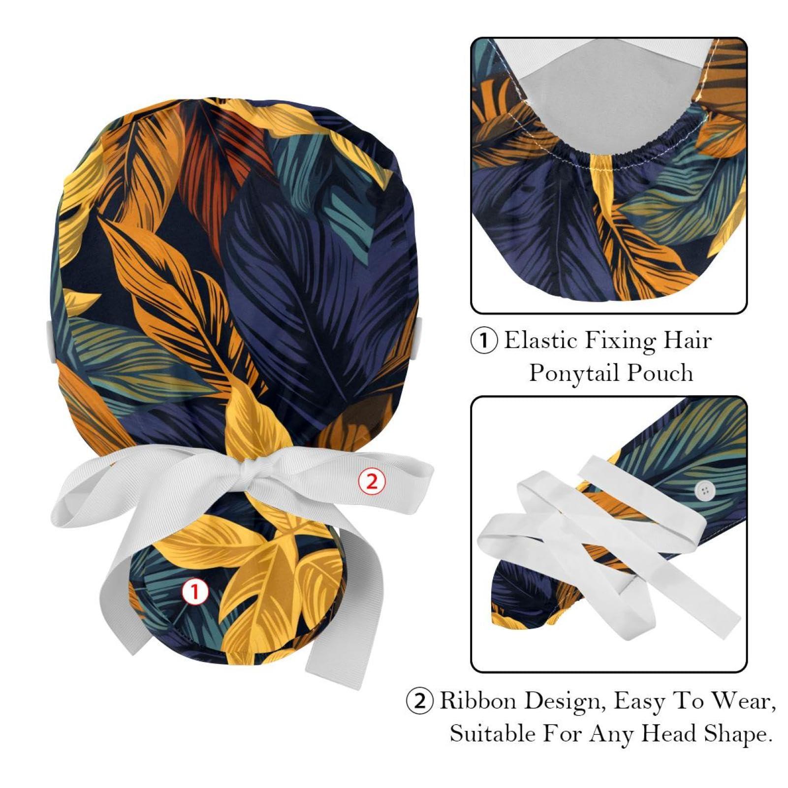 YTYVAGT 2-Pc,Nurse Scrub Caps,Scrub Hats with Buttons and Cotton Sweatband,Abstract Leaves