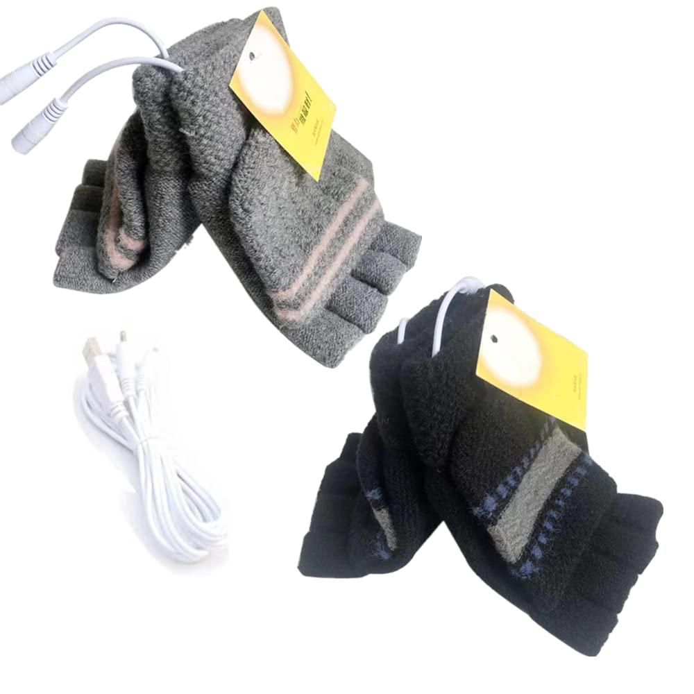 Kbinter Women\'s & Men\'s 2 Pack USB Heated Gloves Mitten Winter Hands Warm Laptop Gloves, Knitting Hands Full & Half Heated Fingerless Heating Warmer Washable Design (Black+Gray)