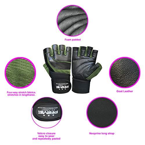 Prime Leather Fingerless Gym Fitness Workout Training Weight Lifting Leather Padded Gloves 118 (118-Black/Green, S)