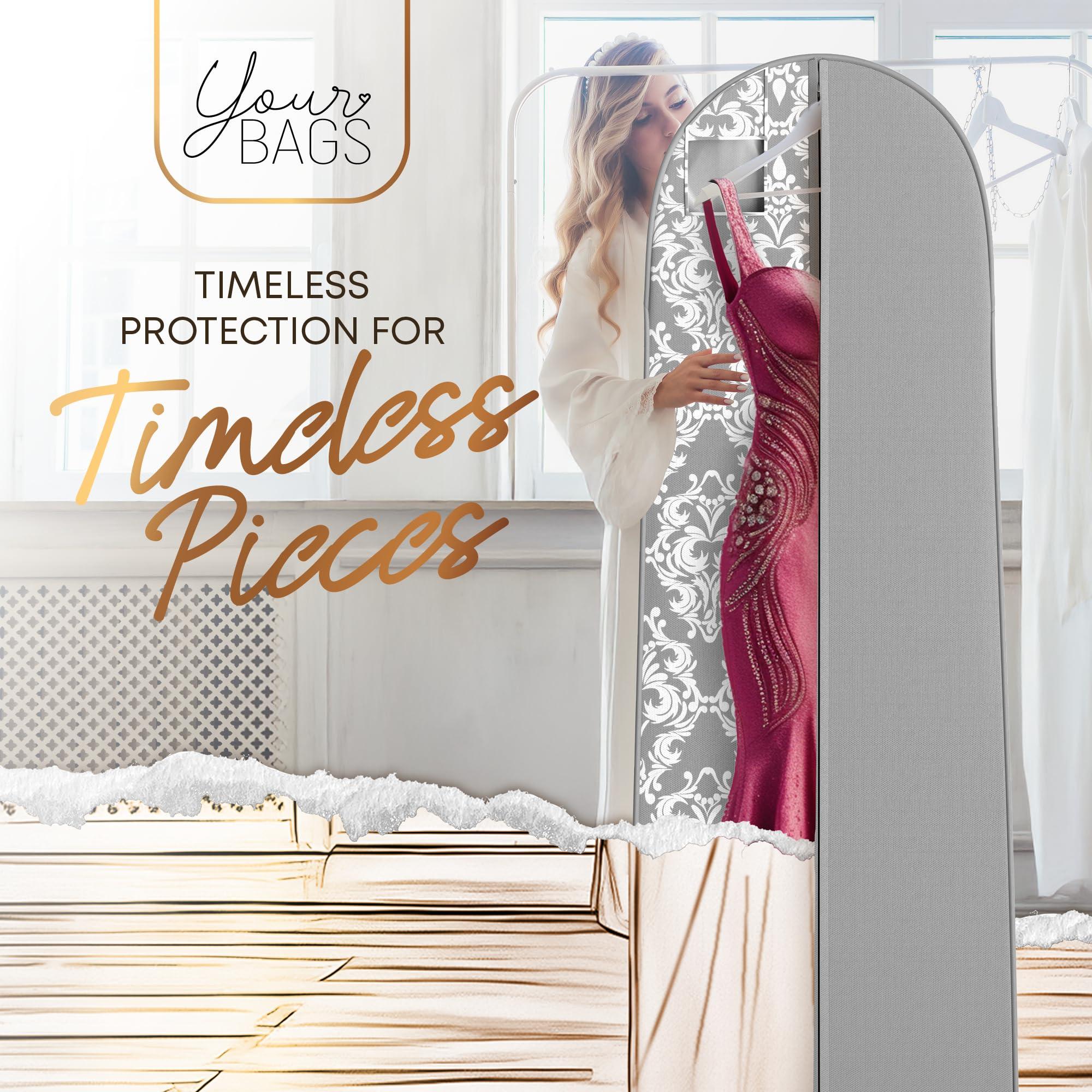 Your Bags Your Bags 72" Wedding Dress Bag for Gowns Long - Long Garment Bags for Hanging Clothes & Closet Storage - Durable Travel Bag for Women with ID Window - (Grey/White Damask Print)
