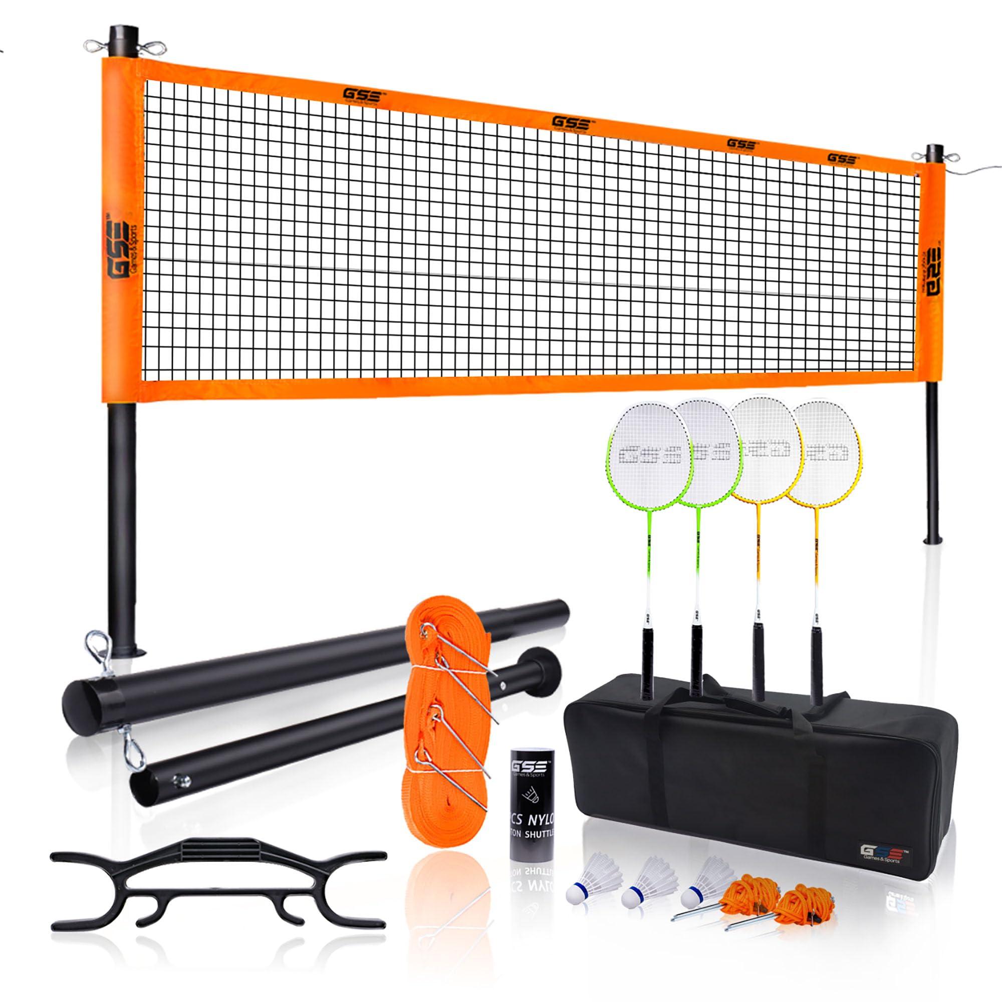 GSE Games & Sports Expert GSE Badminton Sets with Net, Portable Complete Badminton Sets for backyards with net with 4 Rackets,Portable Badminton Net,3 Birdies
