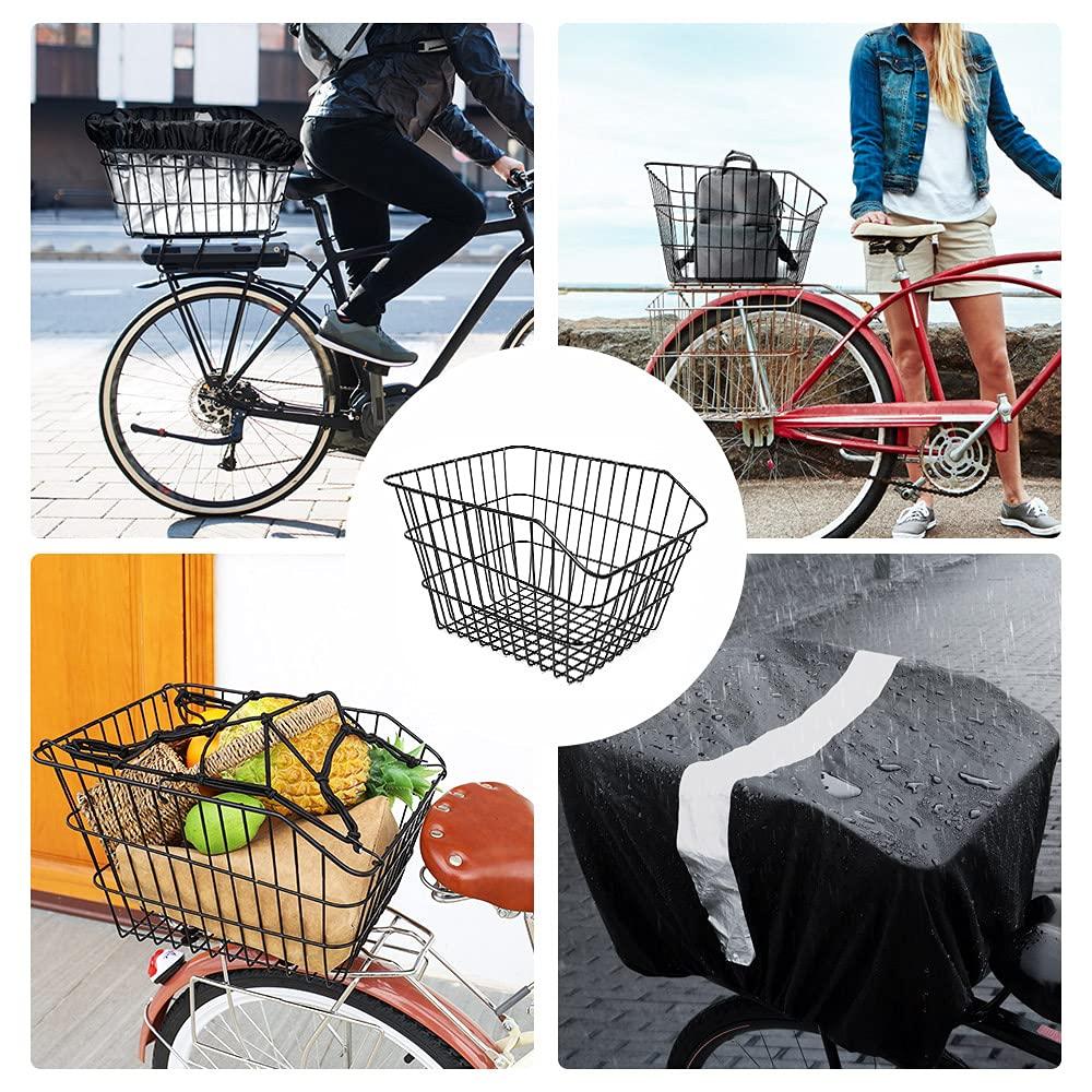 ANZOME ANZOME Rear Bike Basket, Waterproof Metal Wire Bicycle Basket with Adjustable Cargo Net and Waterproof Rainproof Cover Fits to Most Rear Bike Racks (Large)