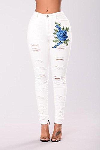 JJ-GOGO White Embroidered Jeans - Women High Waisted Ripped Skinny Jeans Denim Distressed Jeans