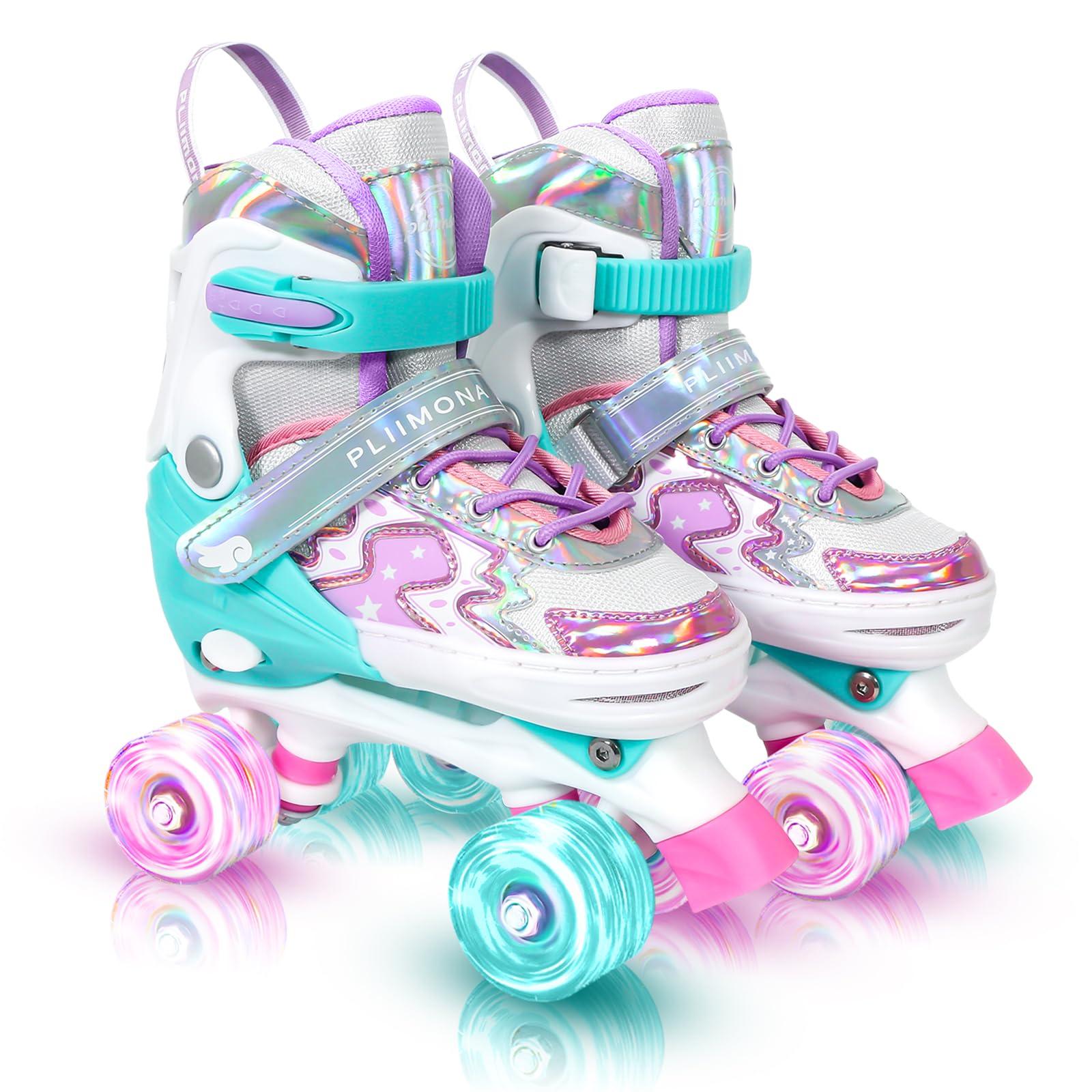 PLIIMONA Kids Roller Skates for Girls Boys Ages 5-8, Toddler Roller Skates for Ages 8-12, 4 Size Adjustable Light Up Wheels Rollerskates for Beginners Outdoor Indoor
