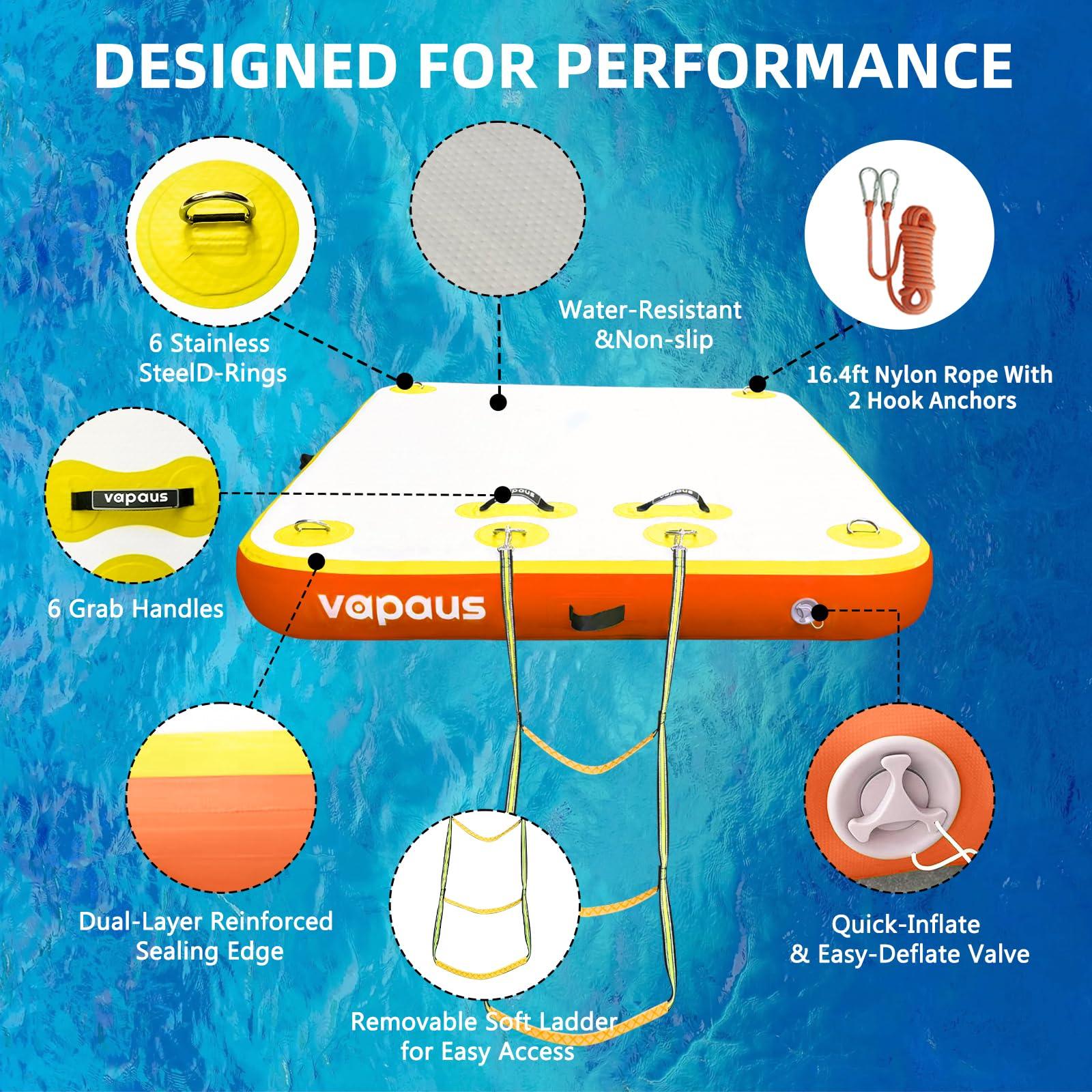 vapaus vapaus Inflatable Floating Dock Water Air Mat Swim Platform Floating Island Deck with Rope Ladder for Pool Lake Beach Relaxing Sunbathing (Yellow Orange, 10ft x 6ft x 6")