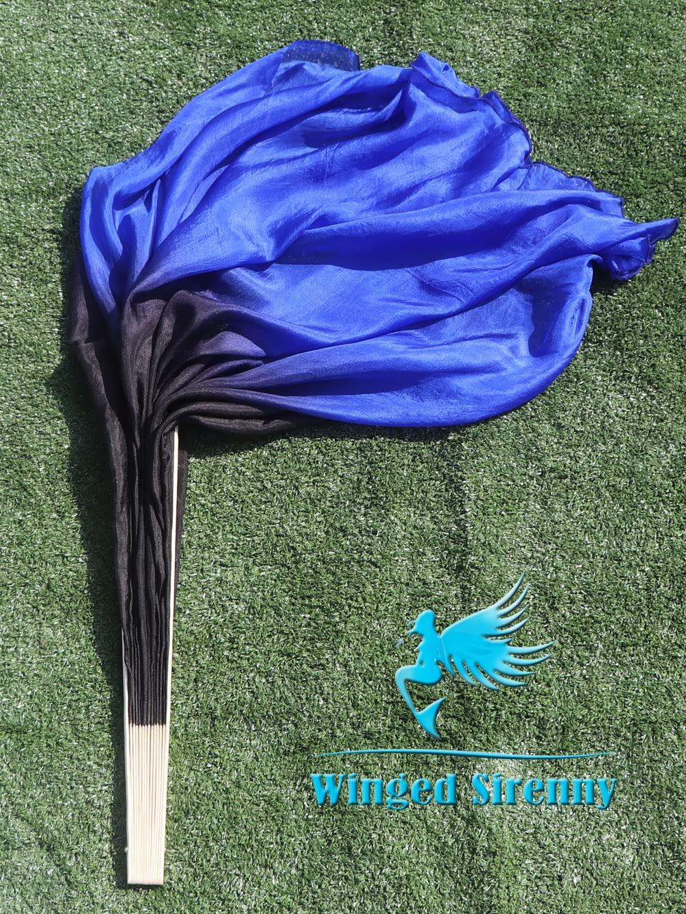Winged Sirenny Winged Sirenny Large Single Belly Dance Silk Flutter, 45in Wide Short Silk Fan Veil Right Hand(black&blue)