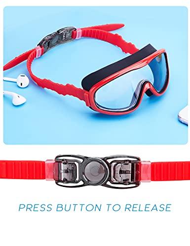 KAILIMENG KAILIMENG Kids Swim Goggles, Clear Wide View No-Leak Anti-Fog UV Protection Swimming Glasses with Nose Clip Earplugs for Toddlers Youth Child 3-15 Years Old (Red Blue)