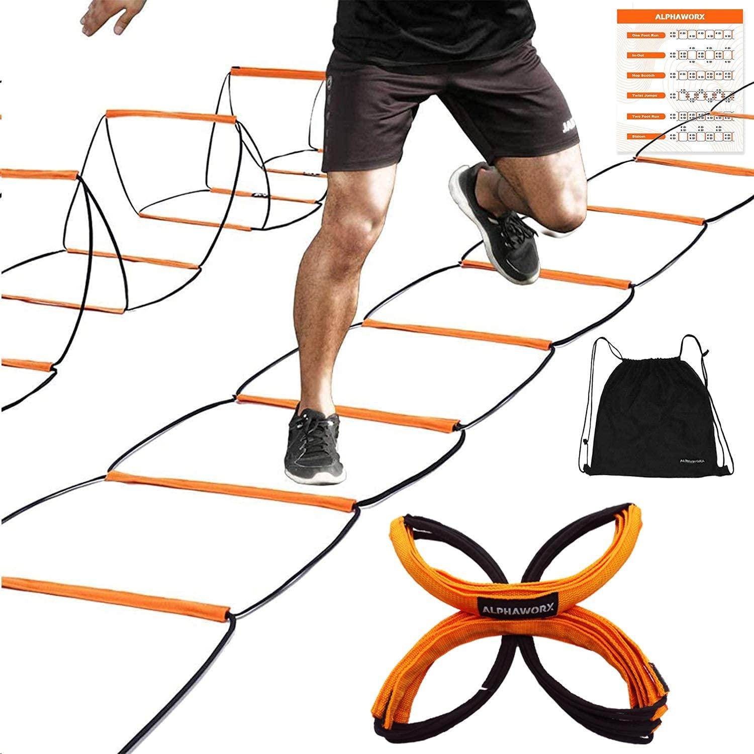 ALPHAWORX ALPHAWORX Agility Ladder, Agility Training Equipment, Soccer Speed Ladder, Football Footwork Ladder, Workout Ladder for Kid Adult, Foldable Instant Set-up & Tangle-Free & Carry Bag (8+4 Rung)