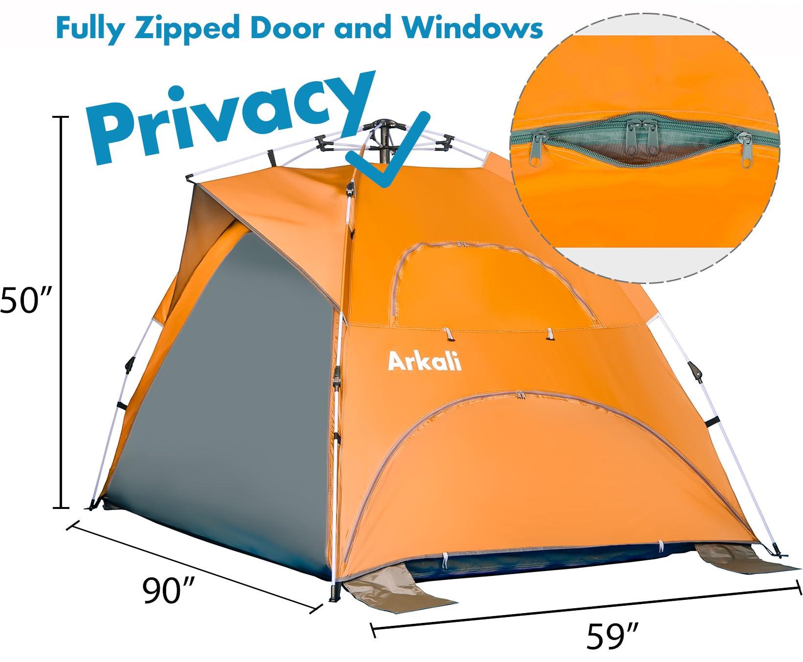 Arkali Arkali Beach Sun Shade Pop Up, Easy Pop Up Sun Shelter, Removable Floor Instant Beach Tent, UPF 50+, Size XL for Family 3 to 4 People, Orange