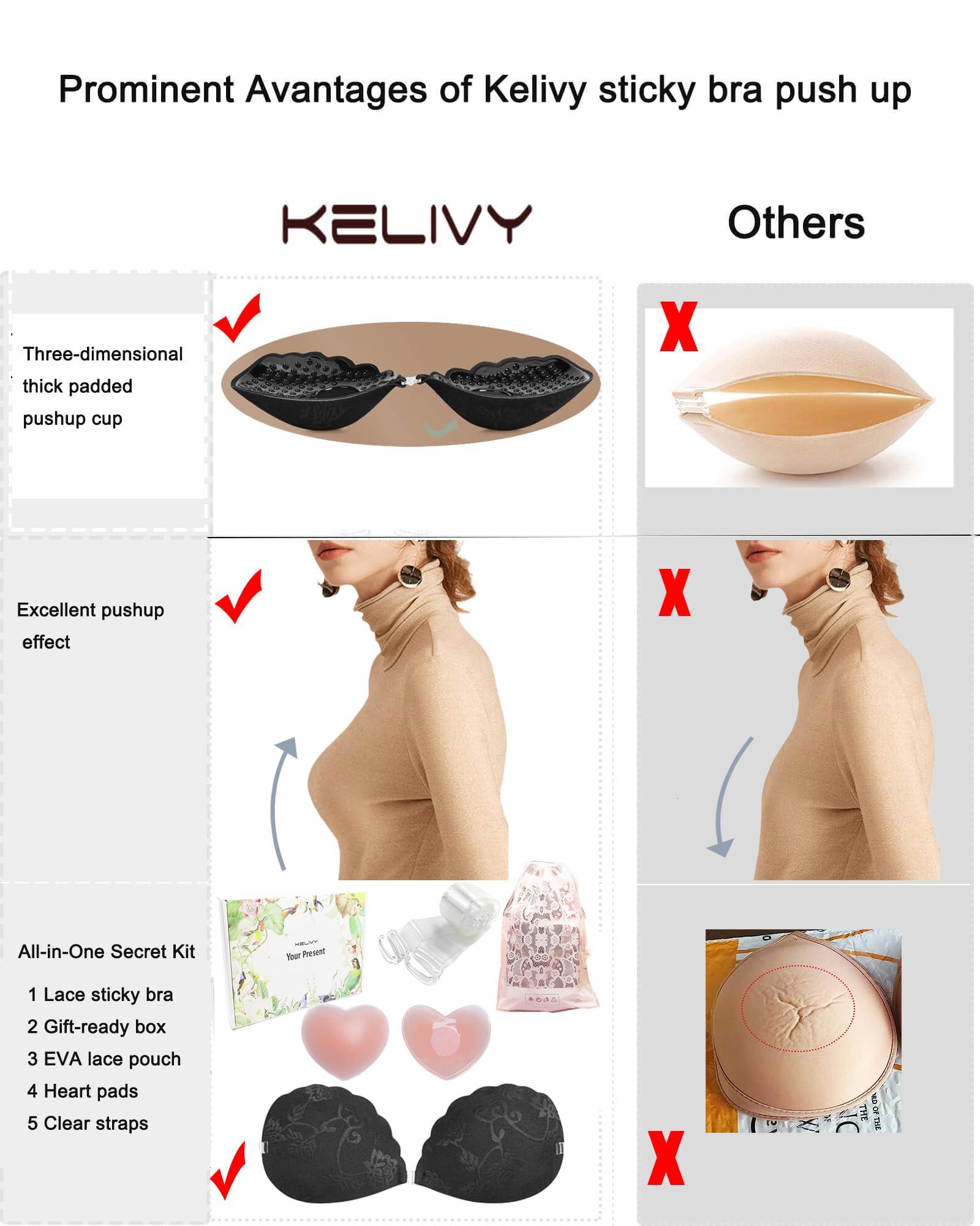 Kelivy Adhesive Bra Push up Strapless Sticky Invisible Upgrade Lace Bras for Women Dress Backless with Detachable Strap Nipple Cover