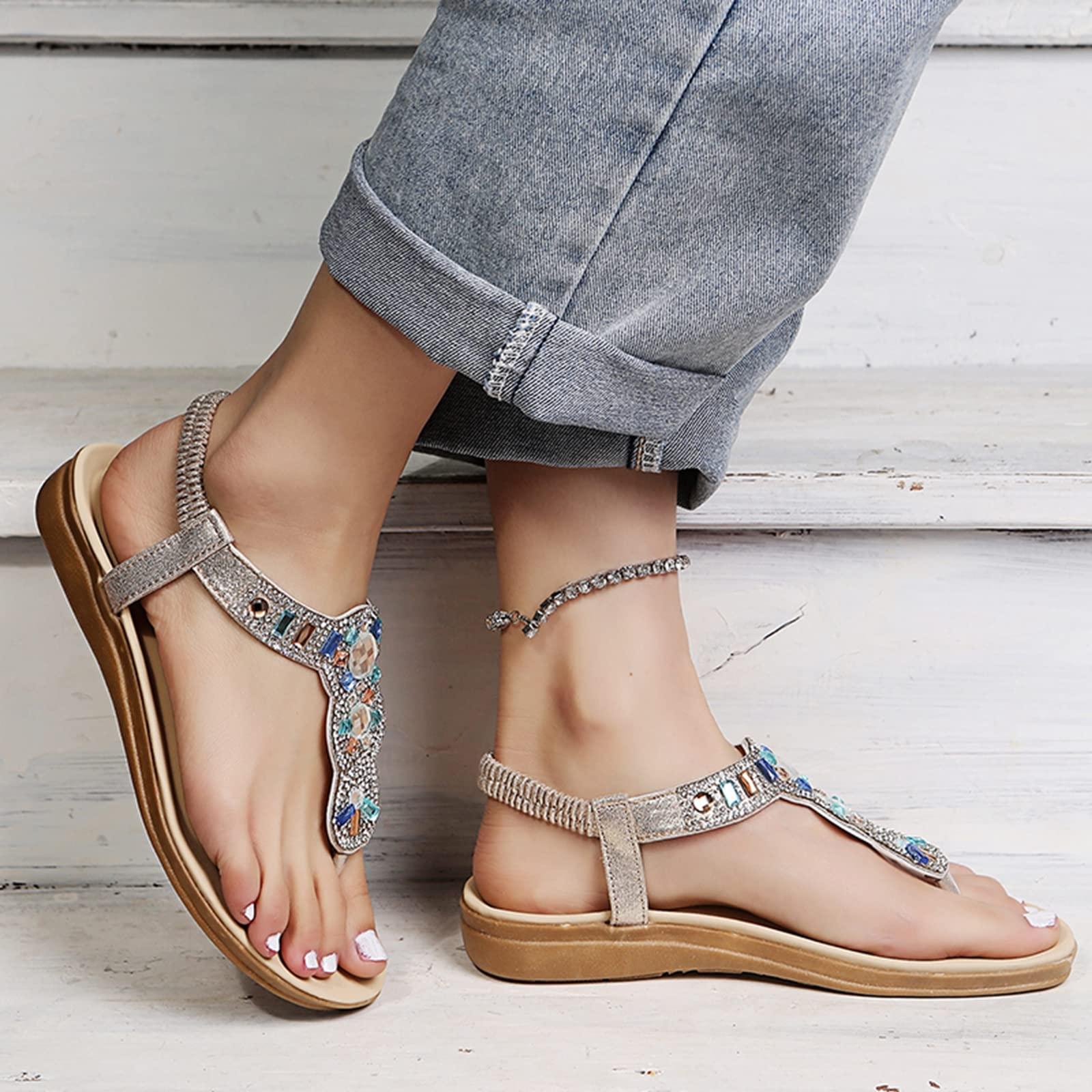 ZBYY ZBYY Women's Flat Sandals,Summer T Strap Flip Flops Sandal with Rhinestone Beaded Bohemian Dress Gladiator Sandal Shoes