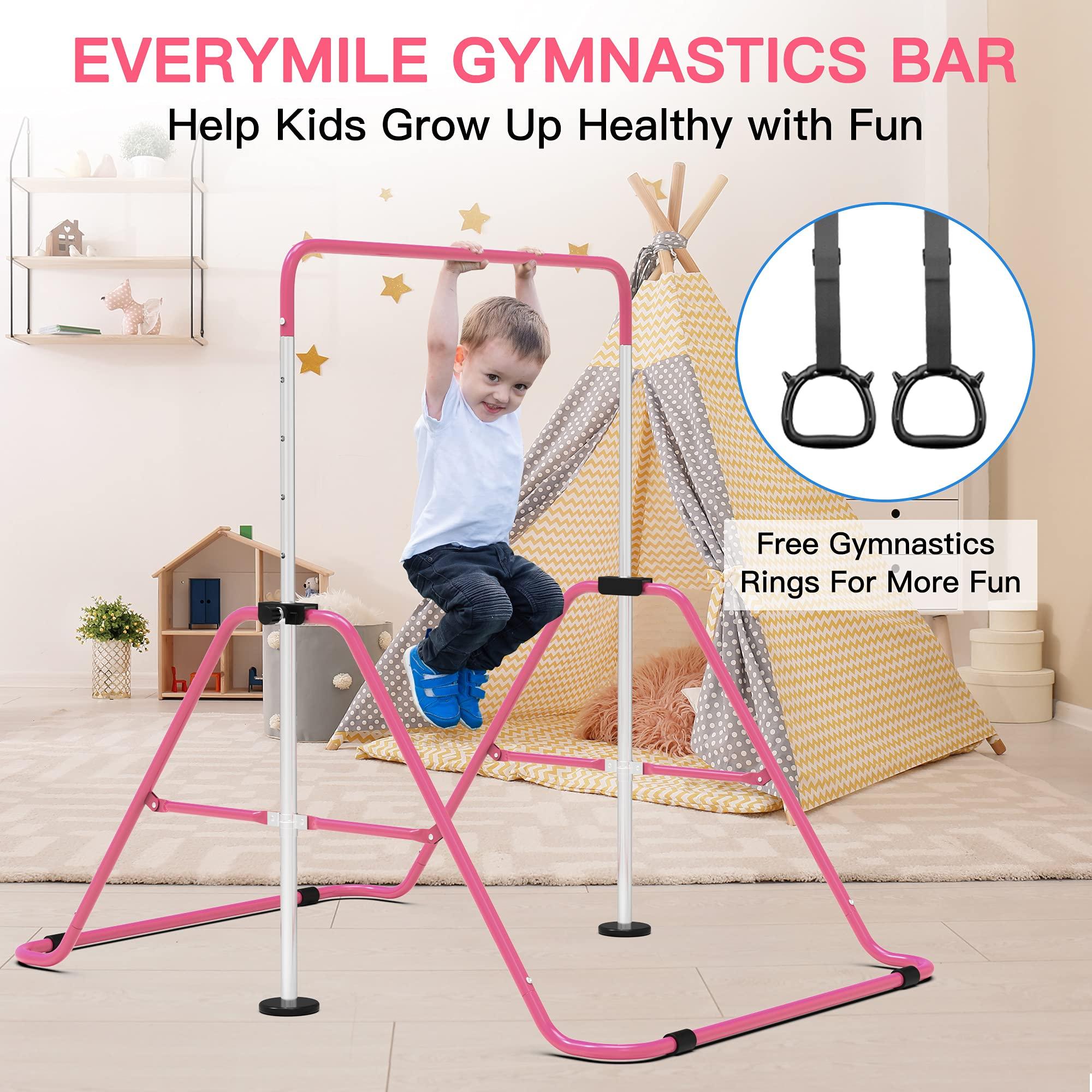 EVERYMILE EVERYMILE Gymnastics Bars for Home, Adjustable Height Folding Horizontal Bars, Junior Training Kip Bar Expandable Gym Equipment, Monkey Bar with Gymnastics Rings for Kids Gifts