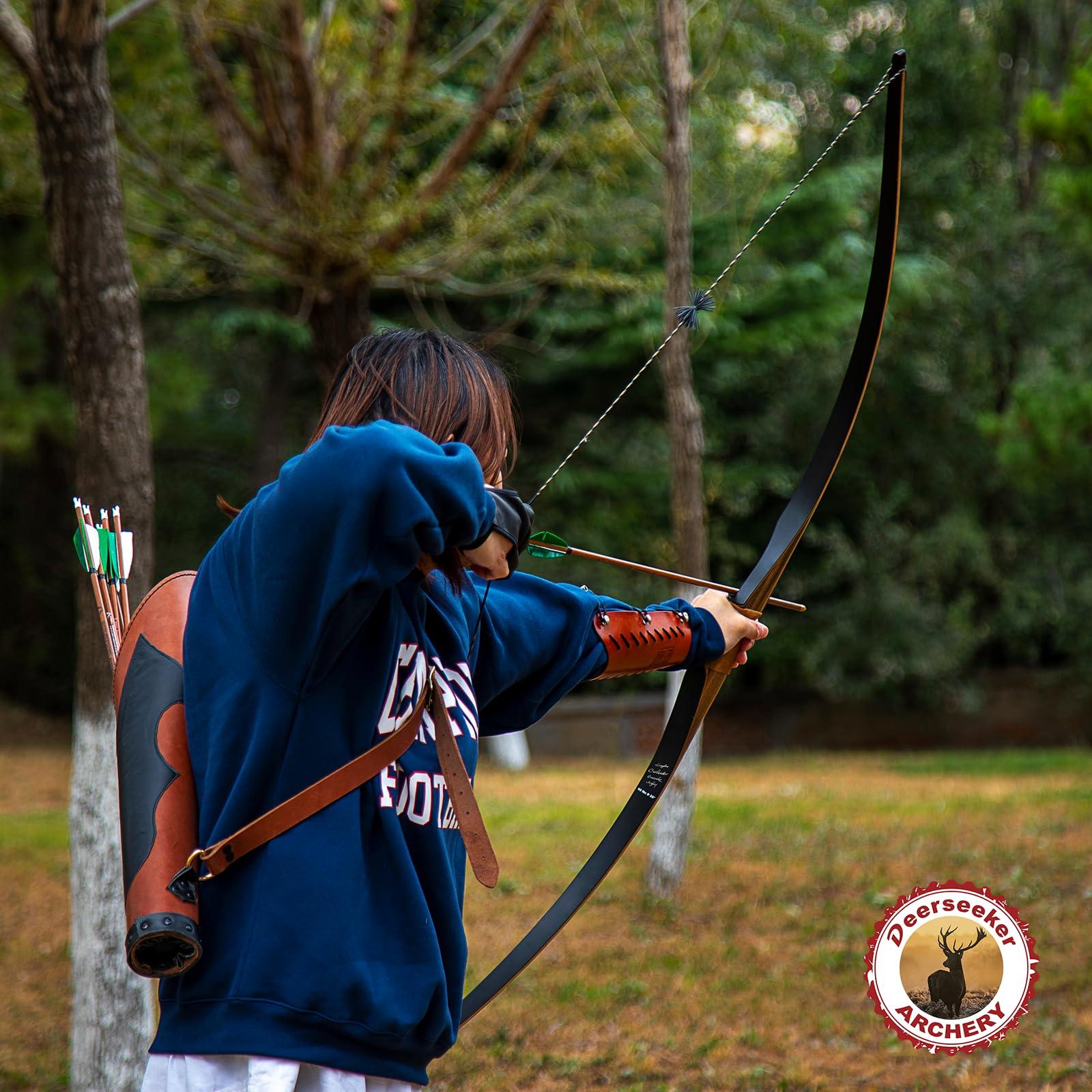 Deerseeker Outdoor Deerseeker Archery 64" Traditional Bow Set Hunting Longbow Reflex Deflex One-Piece Long Bow Laminated Bamboo Core Limbs Right Hand/Left Hand for Adults Bow Shooting 25-85lbs (Black, 70lb, Right Hand)