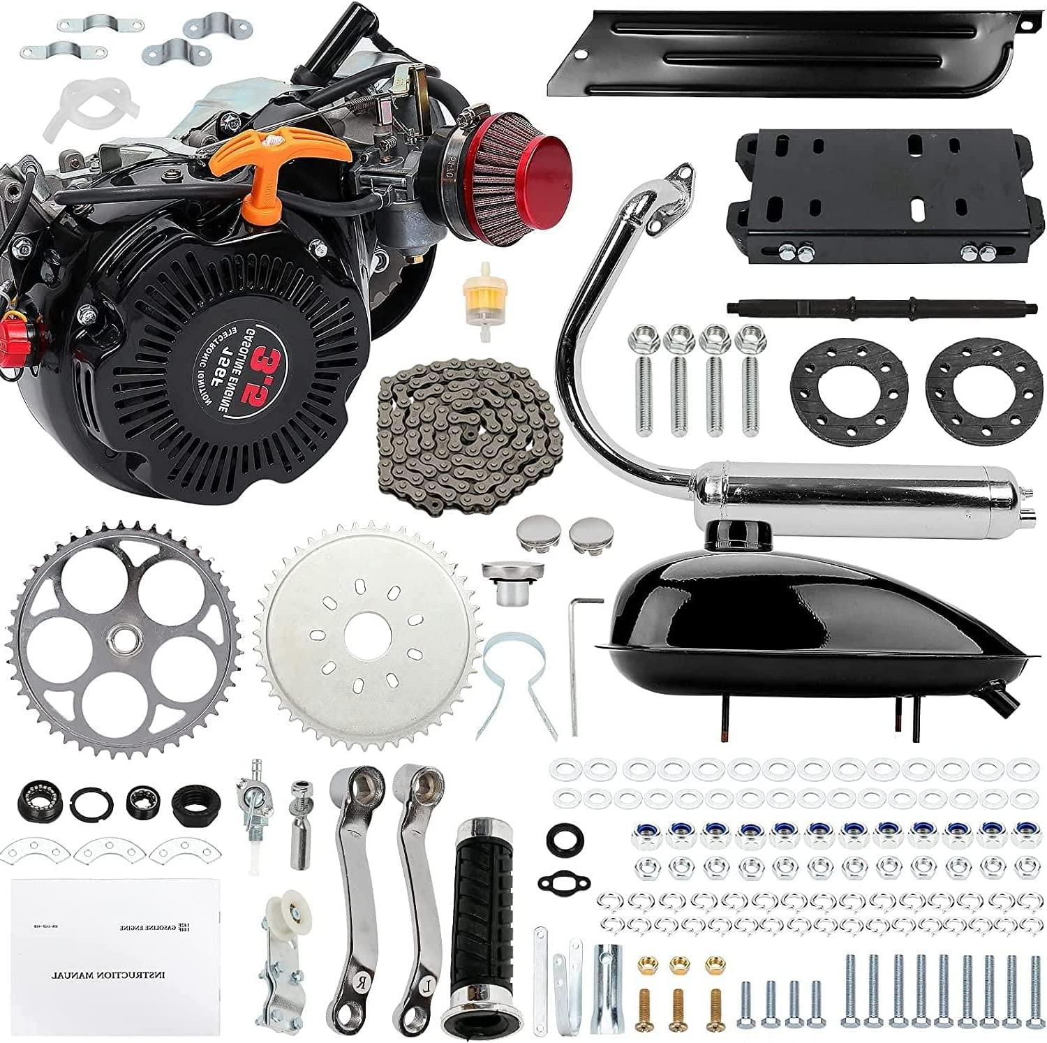 RibasuBB RibasuBB 100cc 4-Stroke Bicycle Gasoline Engine Air-Cooled Motor Chain Muffler Complete Assembly Gas Motorized Motor Kit for Motorized Bicycle 26-28inch Bikewith Belt