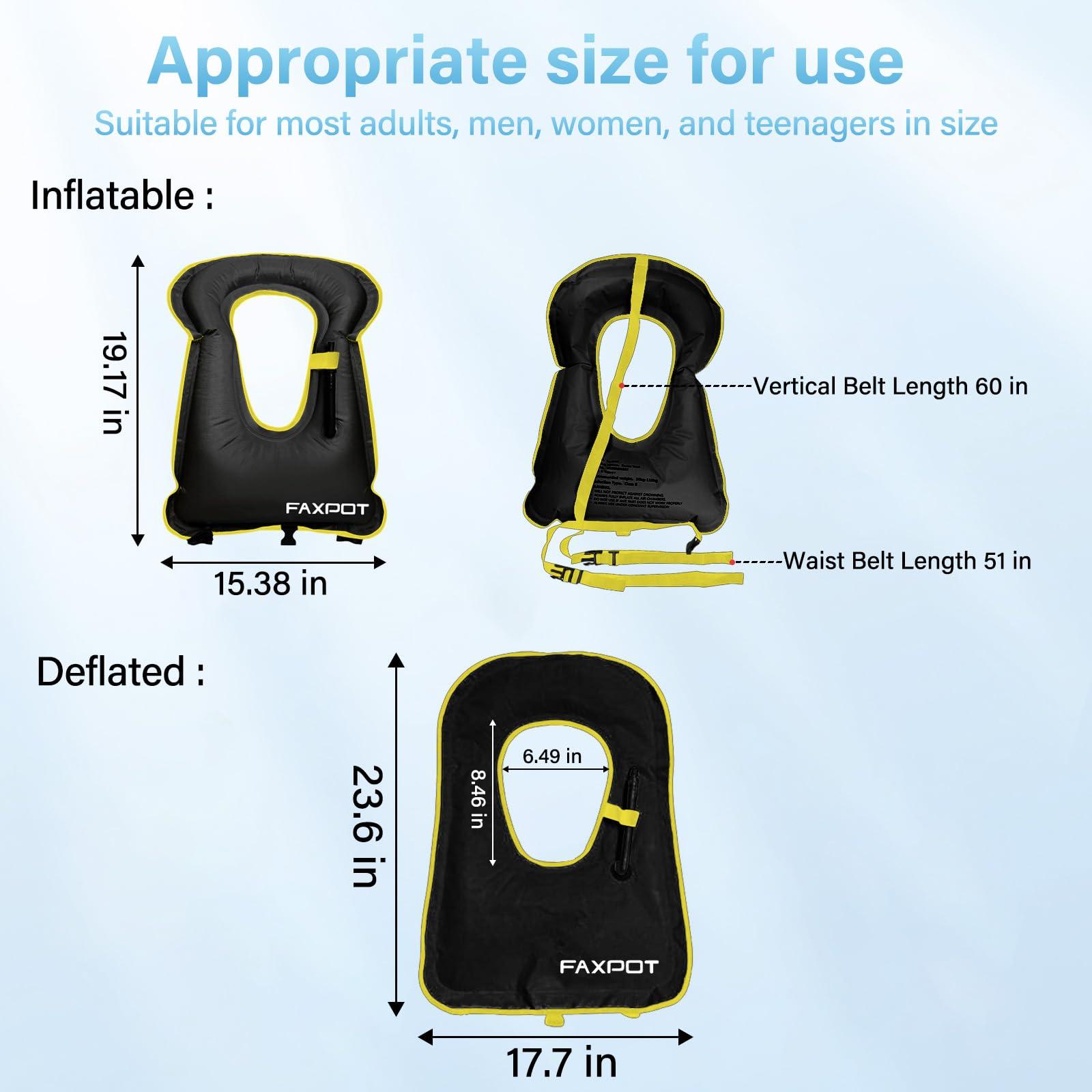 Faxpot Inflatable Snorkel Vest for Adults, Snorkeling Vest Adult Travel, Snorkeling Jackets Portable Inflatable Swim Vest Buoyancy Vest for Snorkeling, Swimming Paddleboarding Load Up to 242 Ibs