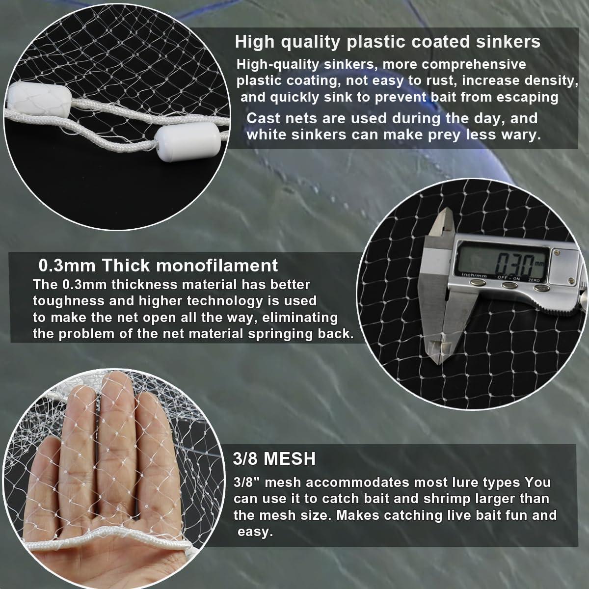 Drasry Drasry Saltwater Fishing Cast Net 3/8 and 1/4 Mesh with Heavy Duty Gray Sinker American Monofilament Fish Throw Net for Bait Trap 3FT 4FT 5FT 6FT 7FT 8FT 9FT 10 FT Radius 0.66 lb/ft, 10FT Radius