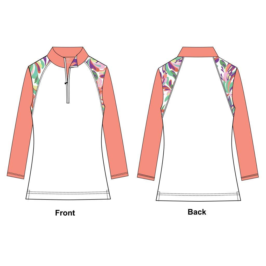 Monterey Club Monterey Club Women's Fountain Floral Print Block 3/4 Sleeve Zip Top #2347 (White/Peach Pink, Small)