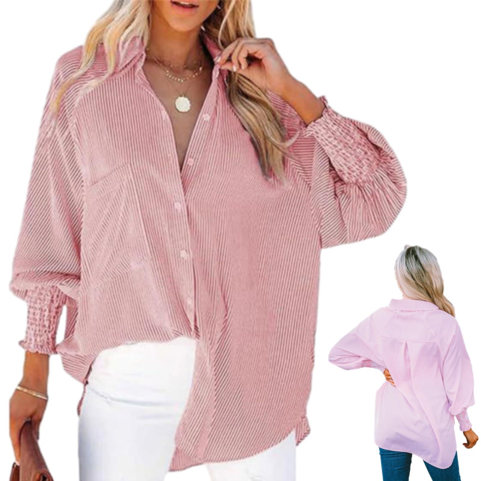 yonasu yonasu The Happy Wind Striped Shirt, The Happy Wind Blouse, Womens Smocked Cuffed Striped Boyfriend Shirt with Pockets