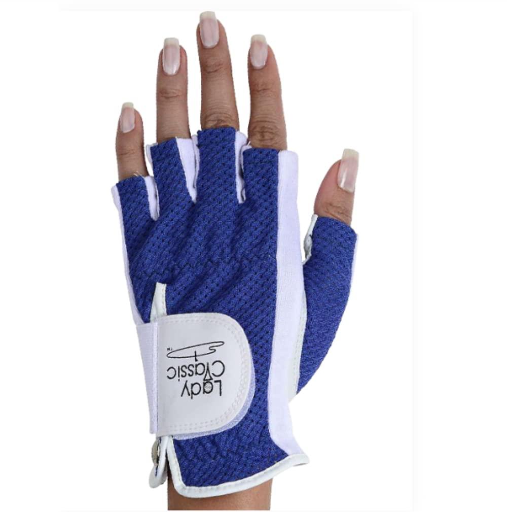 Lady Classic Lady Classic Cabretta Womens Solar Half 1/2 Finger Golf Glove - Left Hand, Royal Blue & White, Medium (CLH02WTRB)