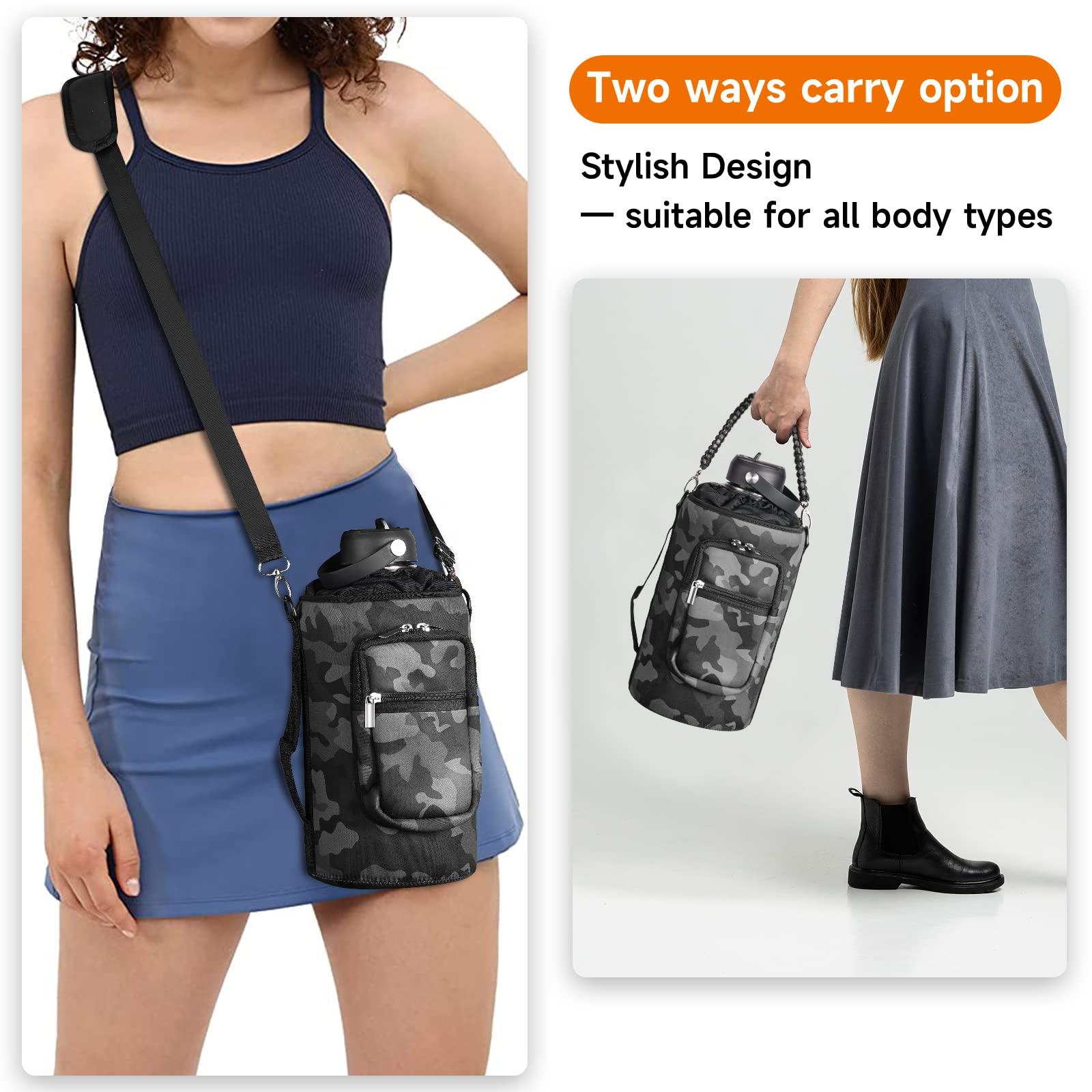 AceTreker AceTreker 64 oz /87 oz/128 oz Neoprene Insulated Water Bottle Carrier Bag, Sling Bag Sleeve Pouch Holder with Adjustable Shoulder Strap & Paracord Handle and 2 Pocket for Traveling, Camping-Gray Camo