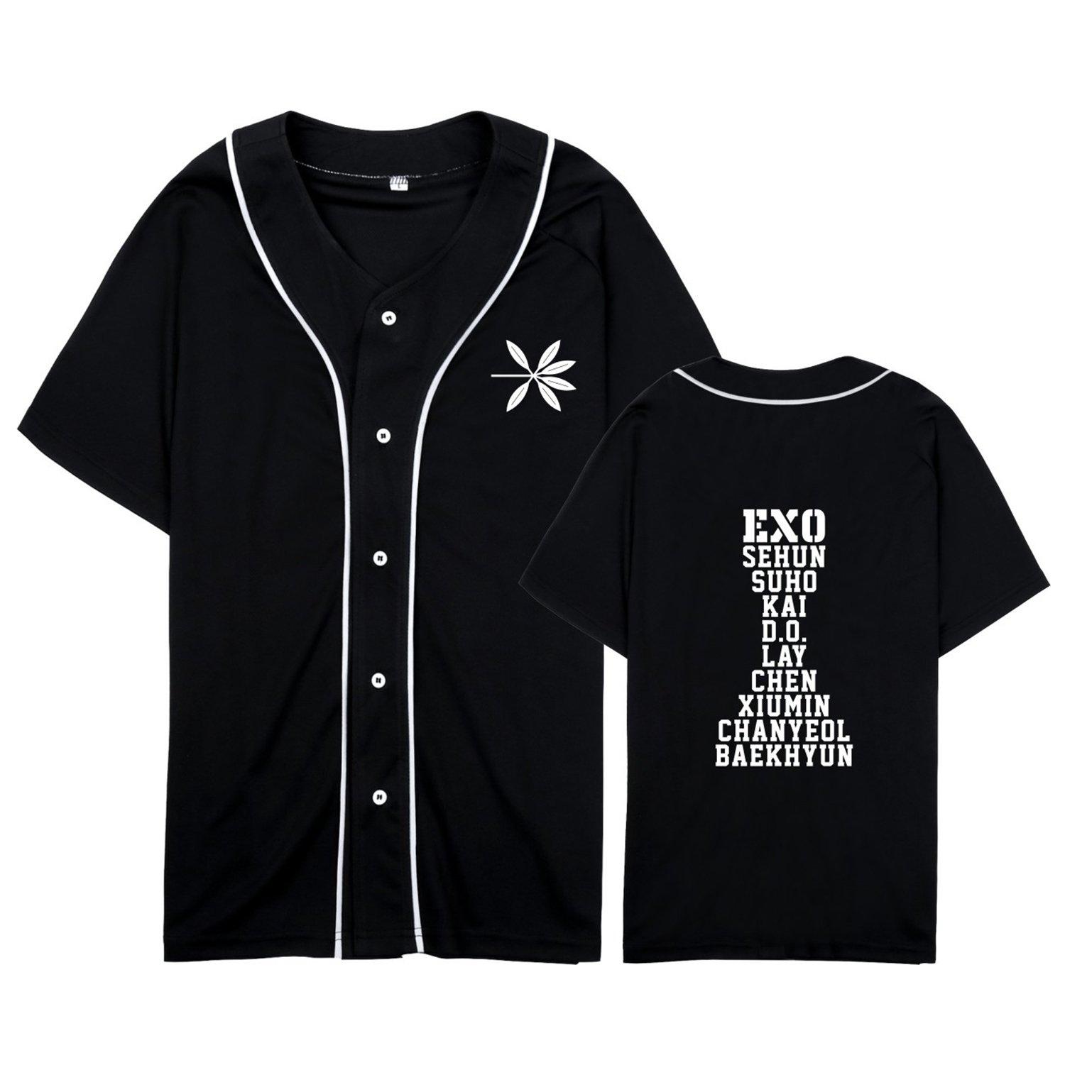 Qaedtls Kpop EXO Baseball Jersey Shirt Chen Chanyeol Baekhyun Sehun Kai T-Shirt XXL Black