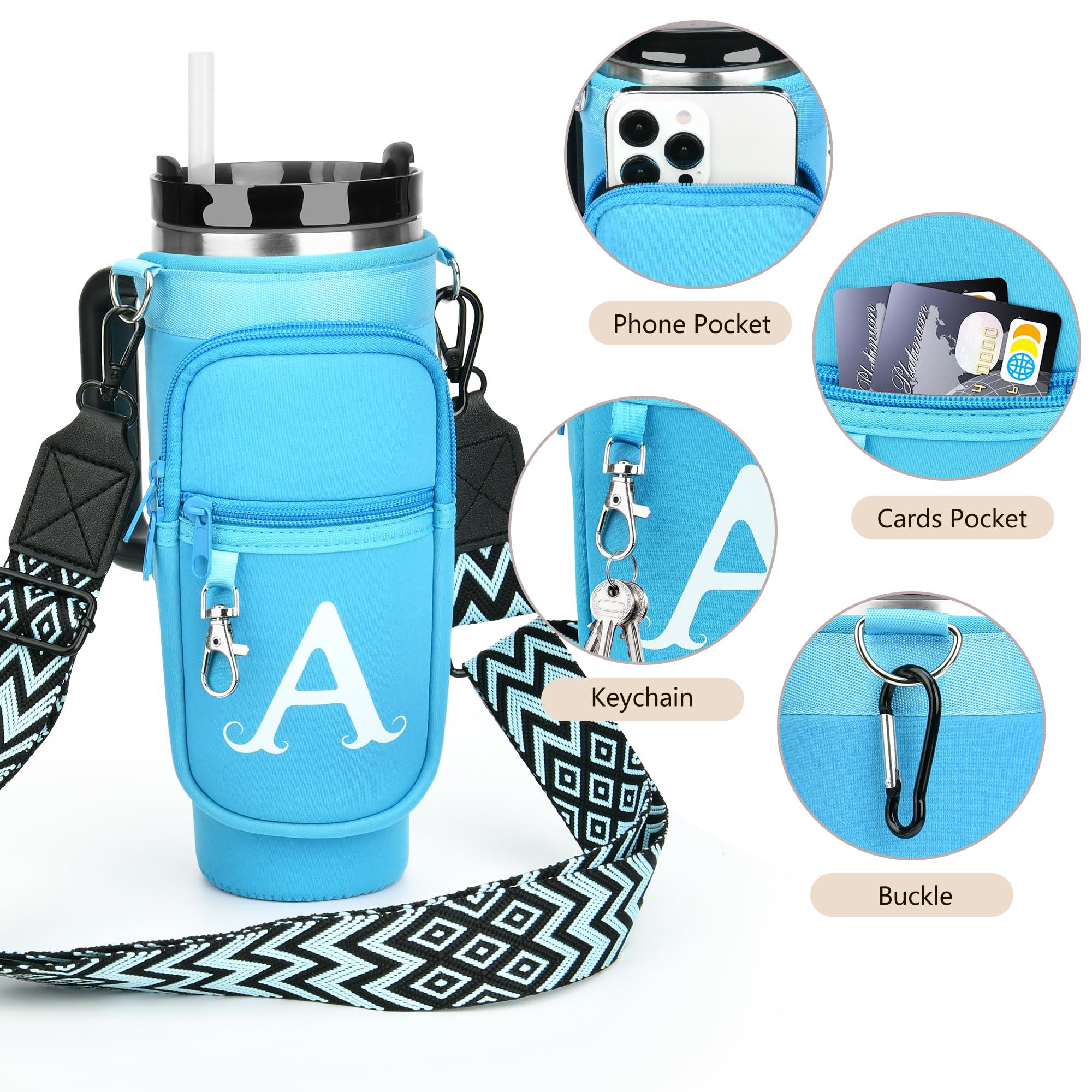LOKASS LOKASS Water Bottle Holder with Strap for Stanley Cup 30 oz Tumbler with Handle, Personalized Initial Gift, Water Bottle Carrier Bag with Phone Pocket & Carabiner for Stanley Cup Accessories