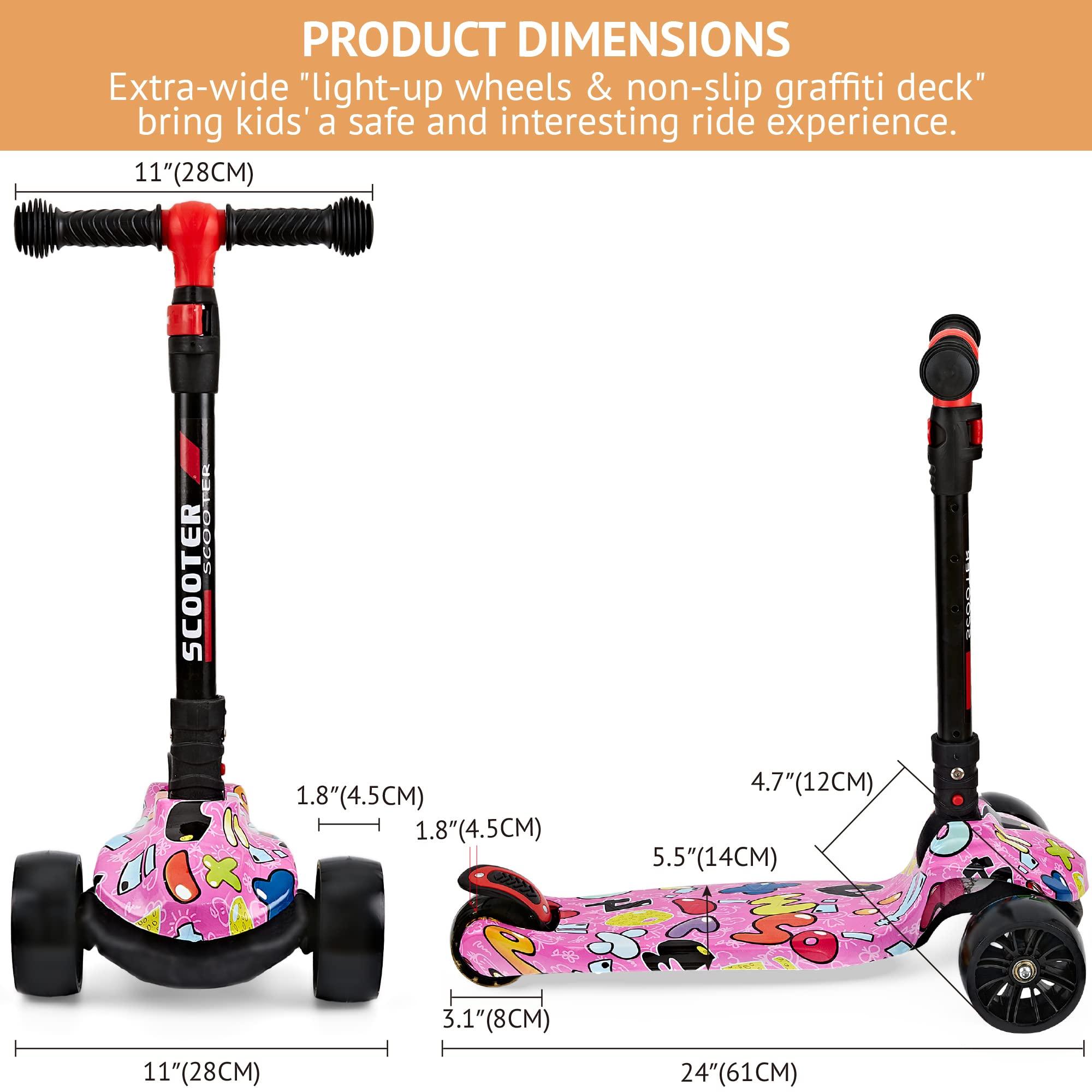 HOOJIN Scooter for Kids Ages 3-12, Foldable & Height Adjustable Kids Scooter with Graffiti Bodywork, Non-Slip Deck and Extra Wide PU Light-up Wheels (200 Lbs Weight Capacity)