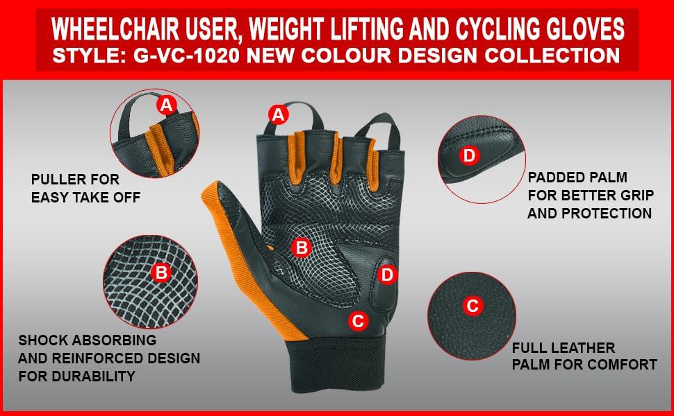 BTR BORN TO RACE BTR BORN TO RACE Wheelchair User Gloves Mobility Disability Fingerless Long Thumb Leather Palm for Men and Women Workout Weight Lifting, Cycling, Driving Gloves New Camo Design Unisex (L, Orange)