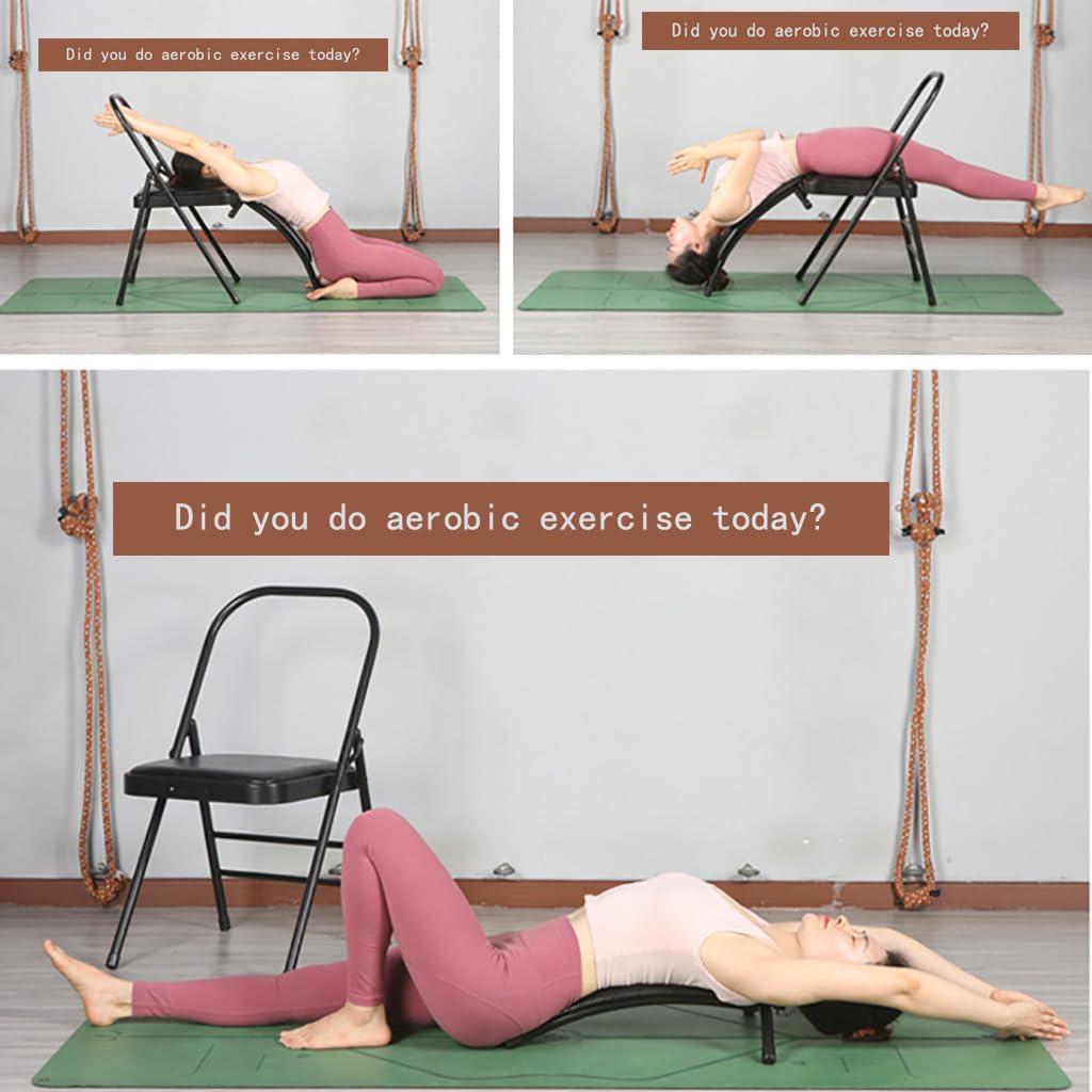 HONGXIASSS Black Yoga Auxiliary Chair,Backless Yoga Chair,Portable Folding Yoga Chair with Non-Slip Feet Covers,PU Leather,Double Beam Design,Iyengar Yoga ChairLumbar support optional