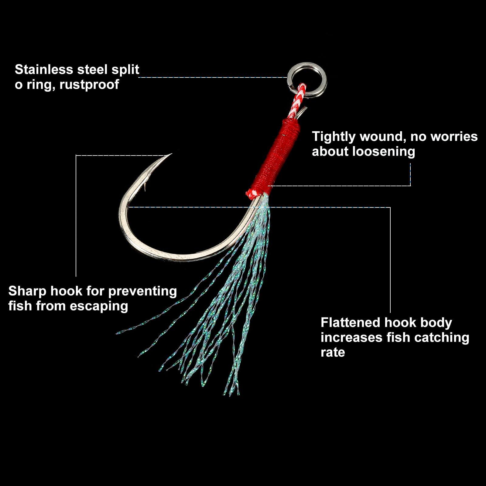 PATIKIL PATIKIL Fishing Assist Hooks Kit, 20 Pcs Glow Jigging Hook Slow Fast Fall Jigs Fishing Hooks for Vertical Jigging Lures, Green (22#,2.8\"x0.9\")