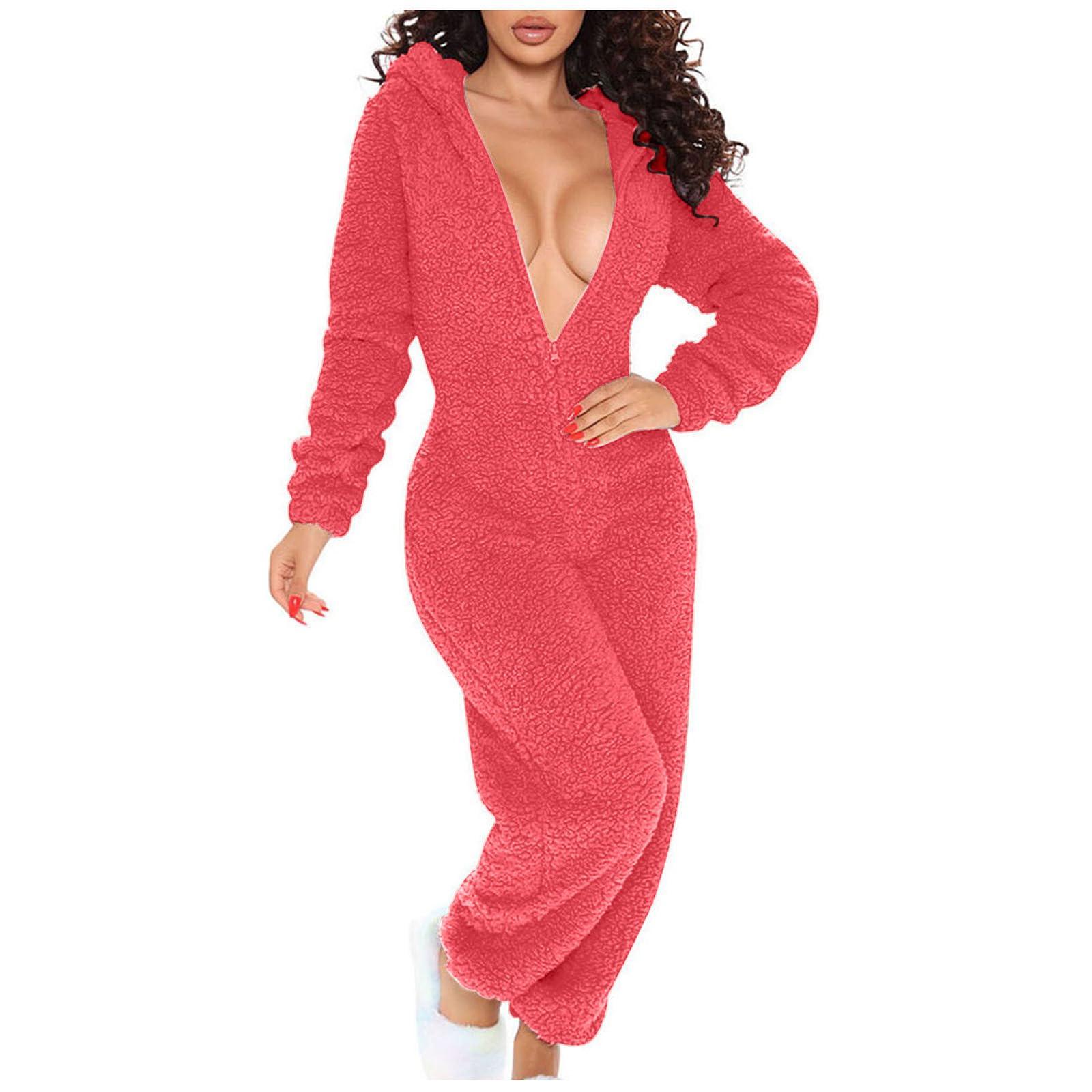 Auwer Sexy Adult Onesie Pajamas for Women Butt Flap Fleece Hooded One Piece Pajamas Womens Fluffy Sleepwear Watermelon Red
